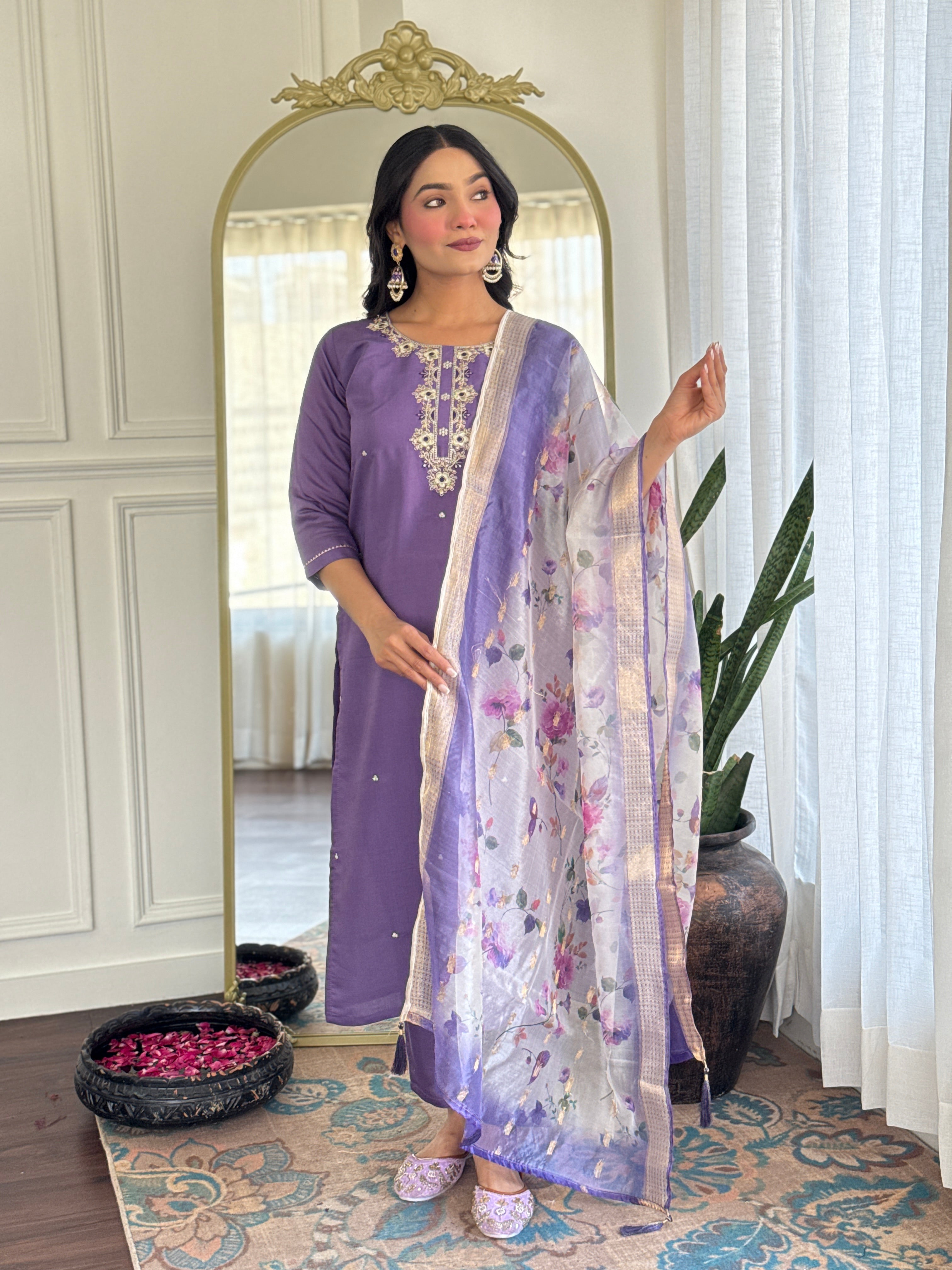 Lavender Rayon Kurta Pant Set With Heavy Thread Embroidery Work With Printed Dupatta