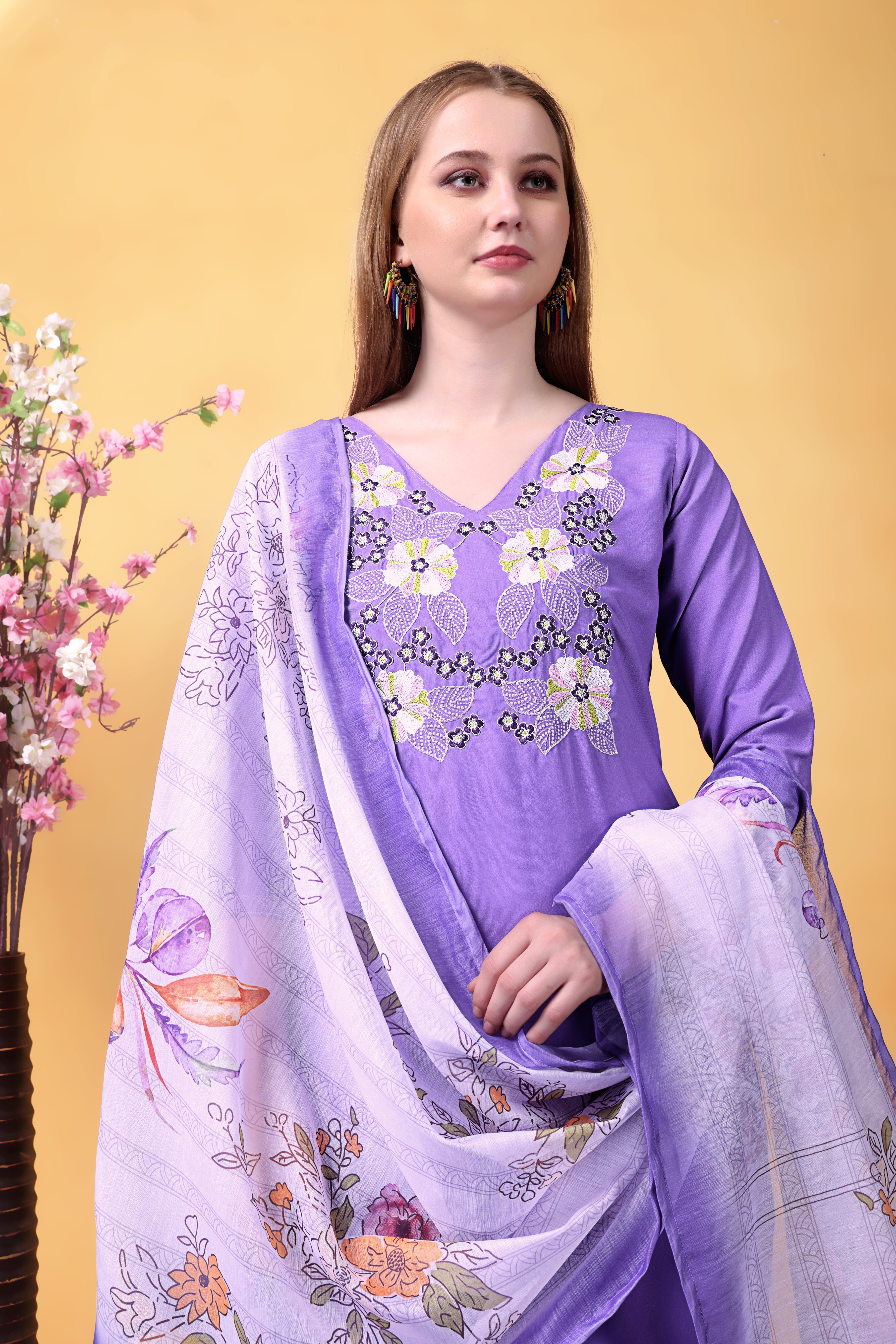 Lavender Rayon Kurta Pant Set With Heavy Thread Embroidery Work With Printed Dupatta