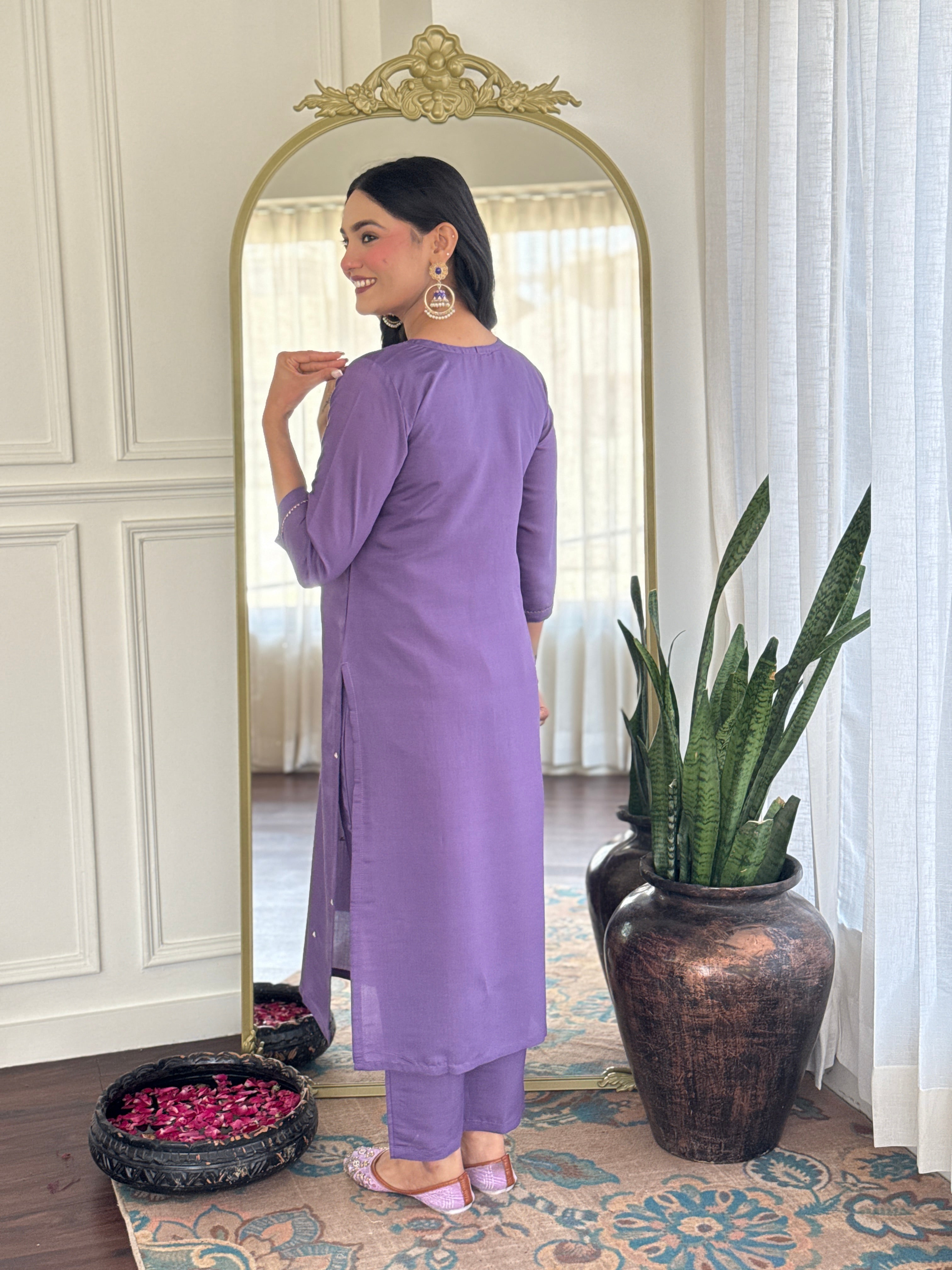Lavender Rayon Kurta Pant Set With Heavy Thread Embroidery Work With Printed Dupatta