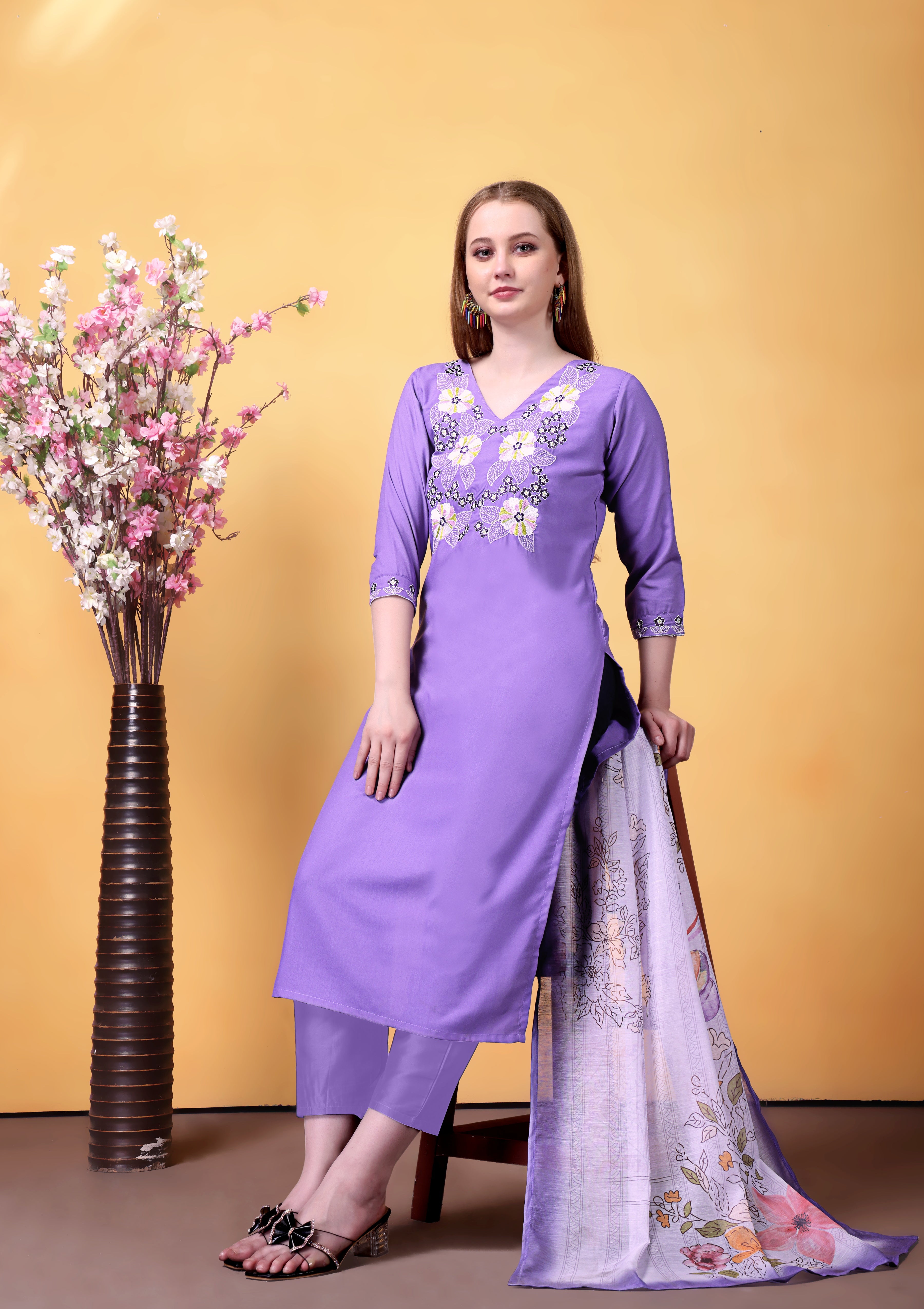 Lavender Rayon Kurta Pant Set With Heavy Thread Embroidery Work With Printed Dupatta