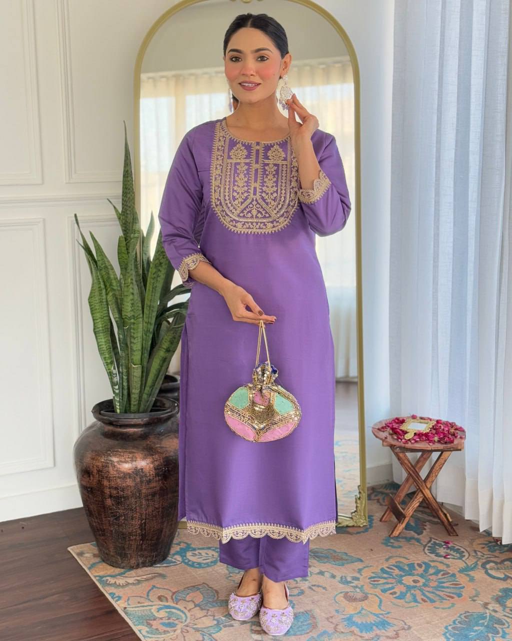 Lavender Rayon Slub Kurta Pant with Heavy Thread Embroidery Work With Printed Dupatta