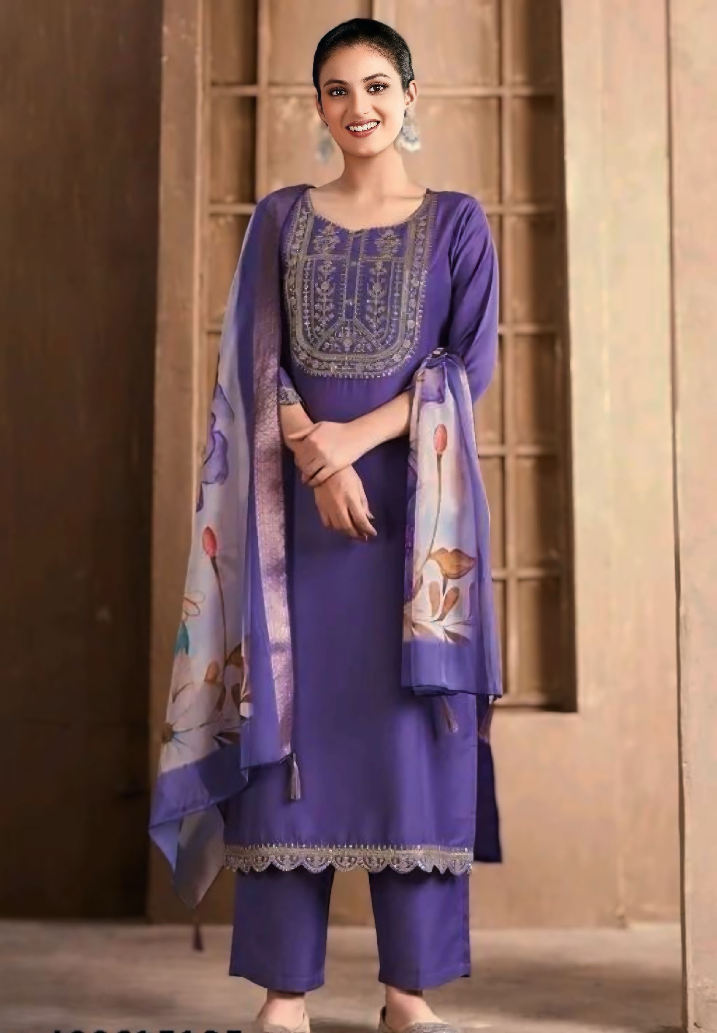 Lavender Rayon Slub Kurta Pant with Heavy Thread Embroidery Work With Printed Dupatta