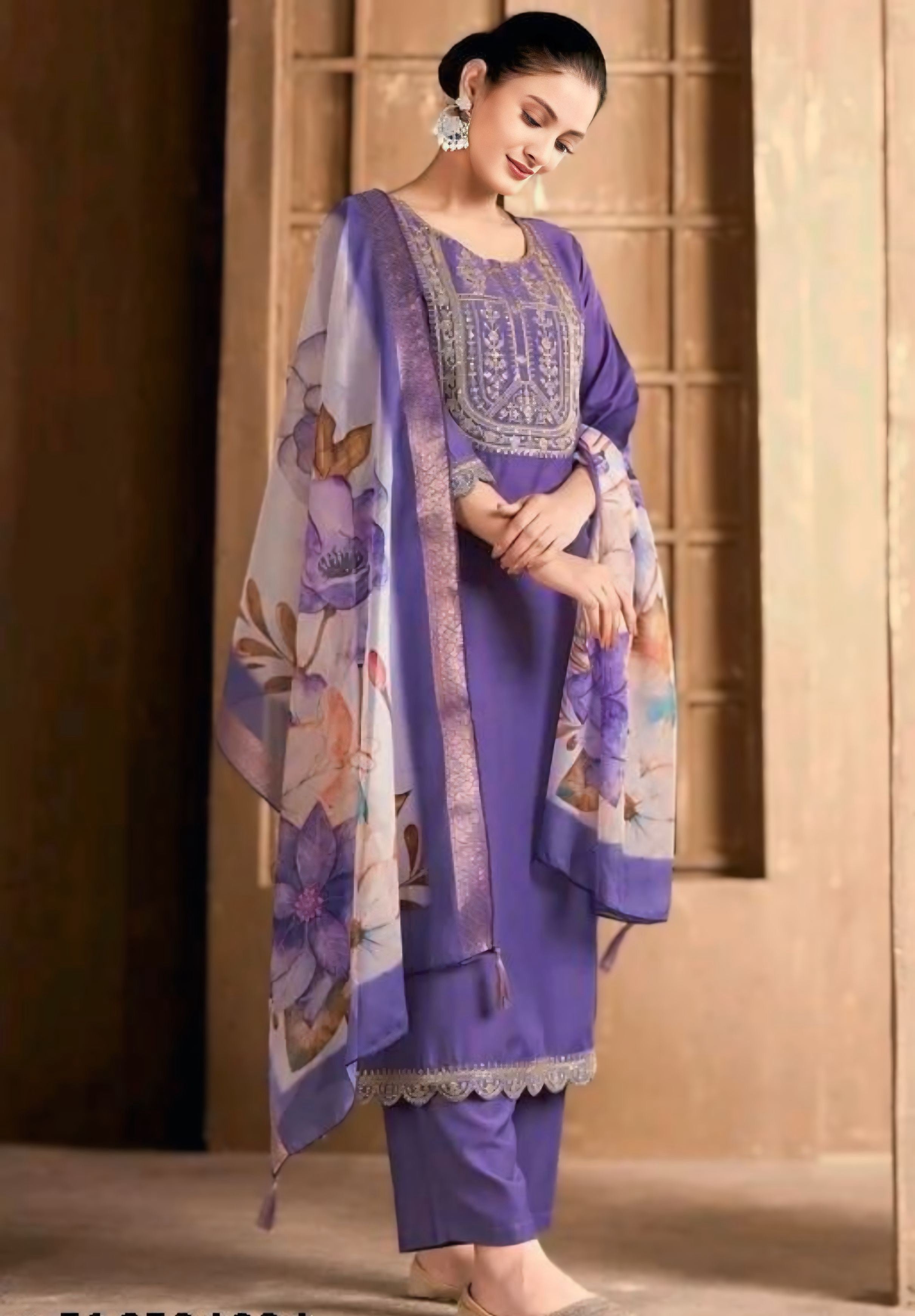 Lavender Rayon Slub Kurta Pant with Heavy Thread Embroidery Work With Printed Dupatta