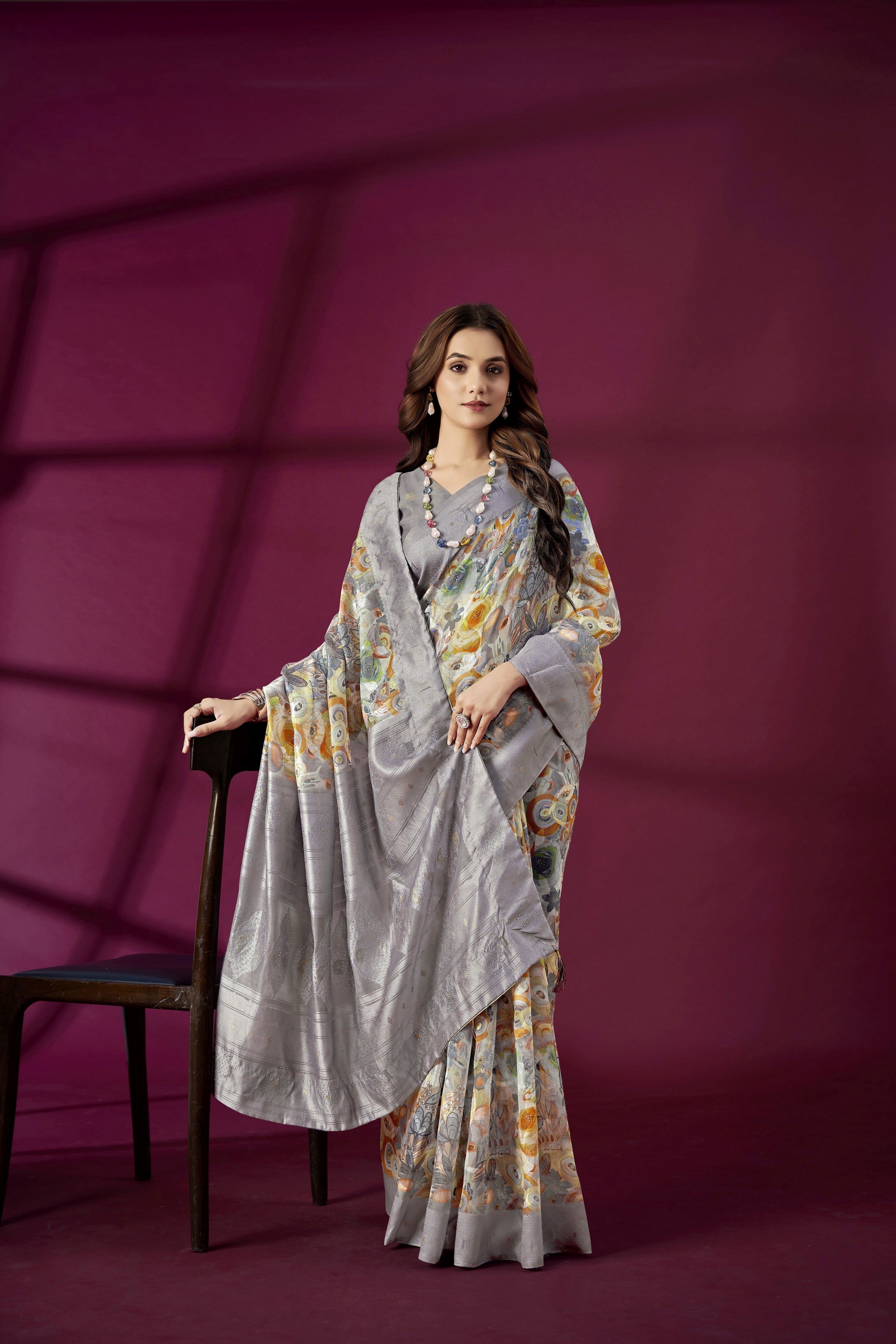 Lavender Rich Silk Jacquard Designer Saree With Smart Ethnic Printed