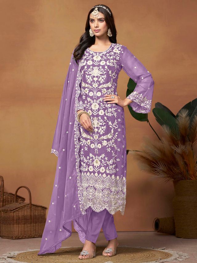 Lavender Salwar Kameez With Thread Emboirdered Work