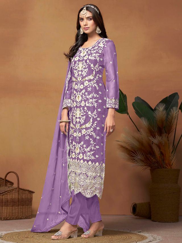 Lavender Salwar Kameez With Thread Emboirdered Work