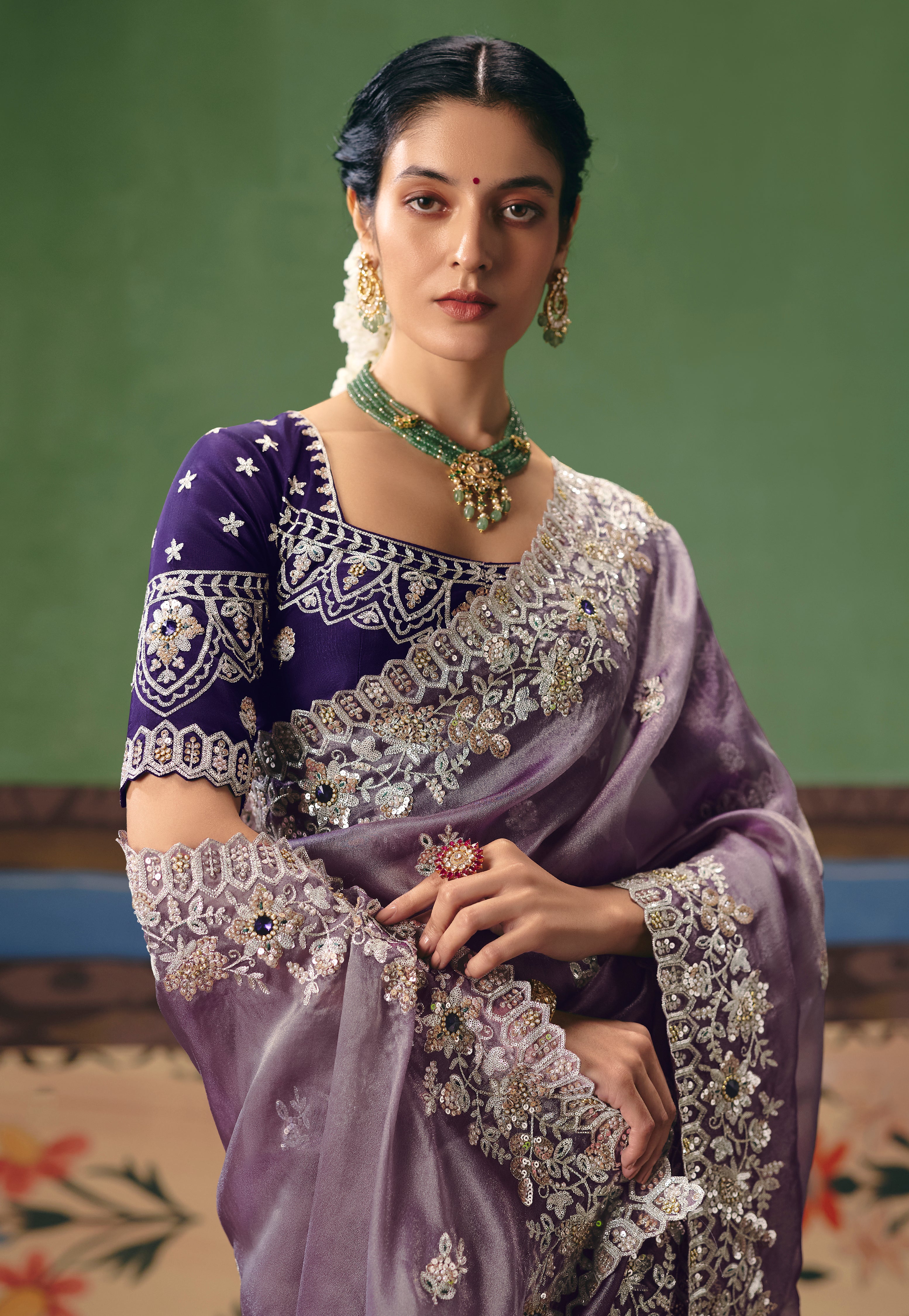 Lavender Saree With Heavy Designer Embroidery, Sequince, Stone, Pearl With Beads Work
