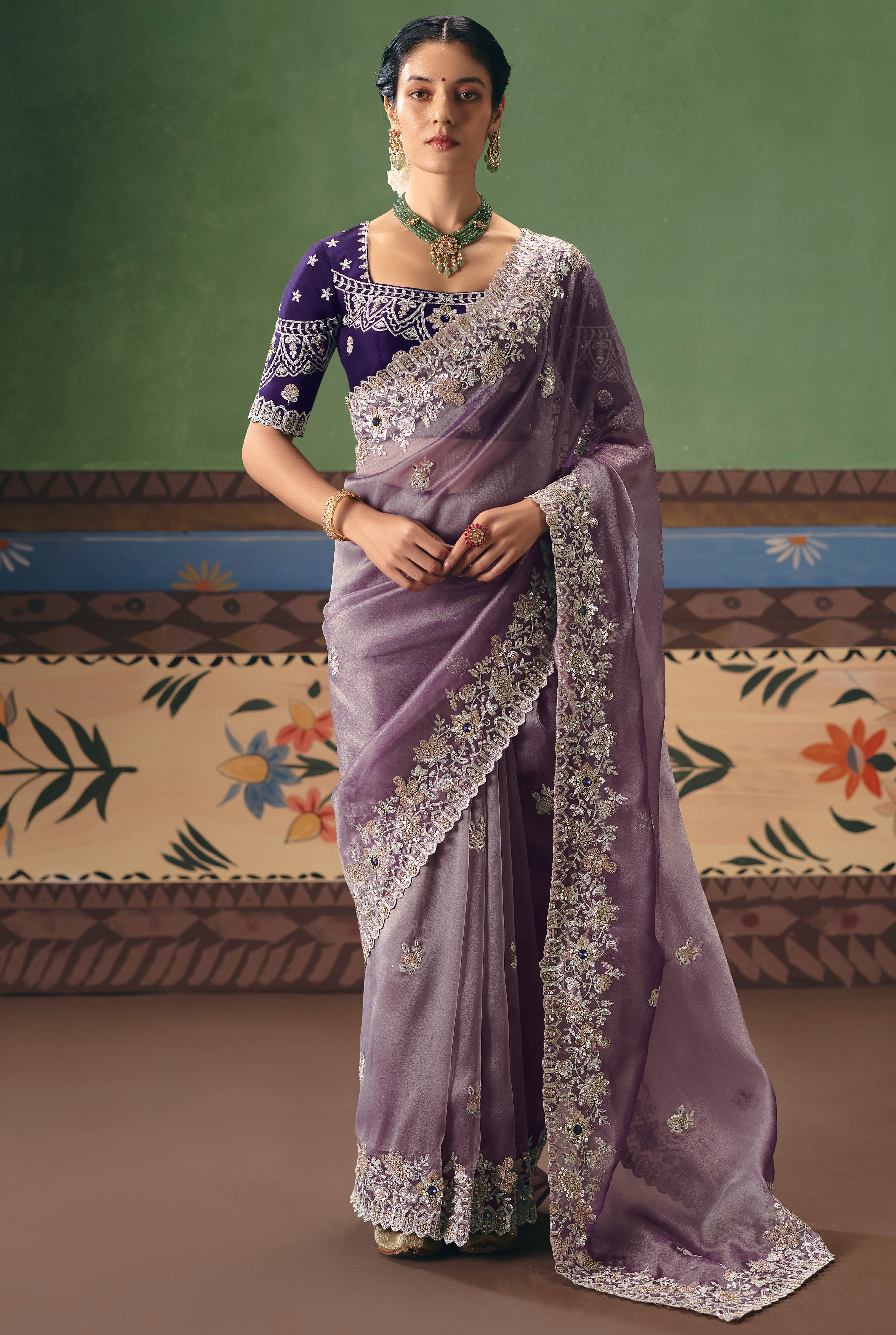 Lavender Saree With Heavy Designer Embroidery, Sequince, Stone, Pearl With Beads Work