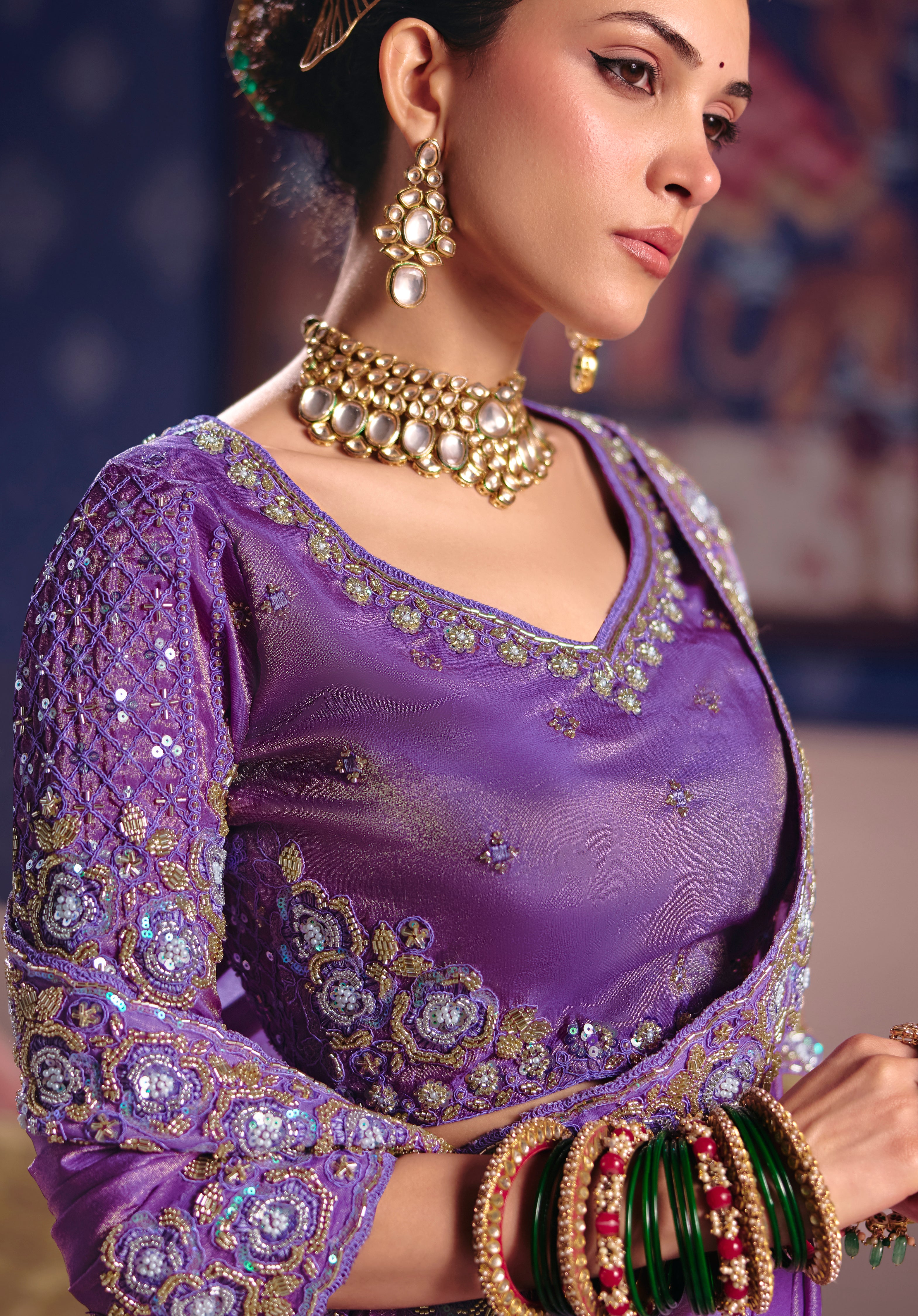 Lavender Saree With Heavy Embroidery, Beads With Sequince Work