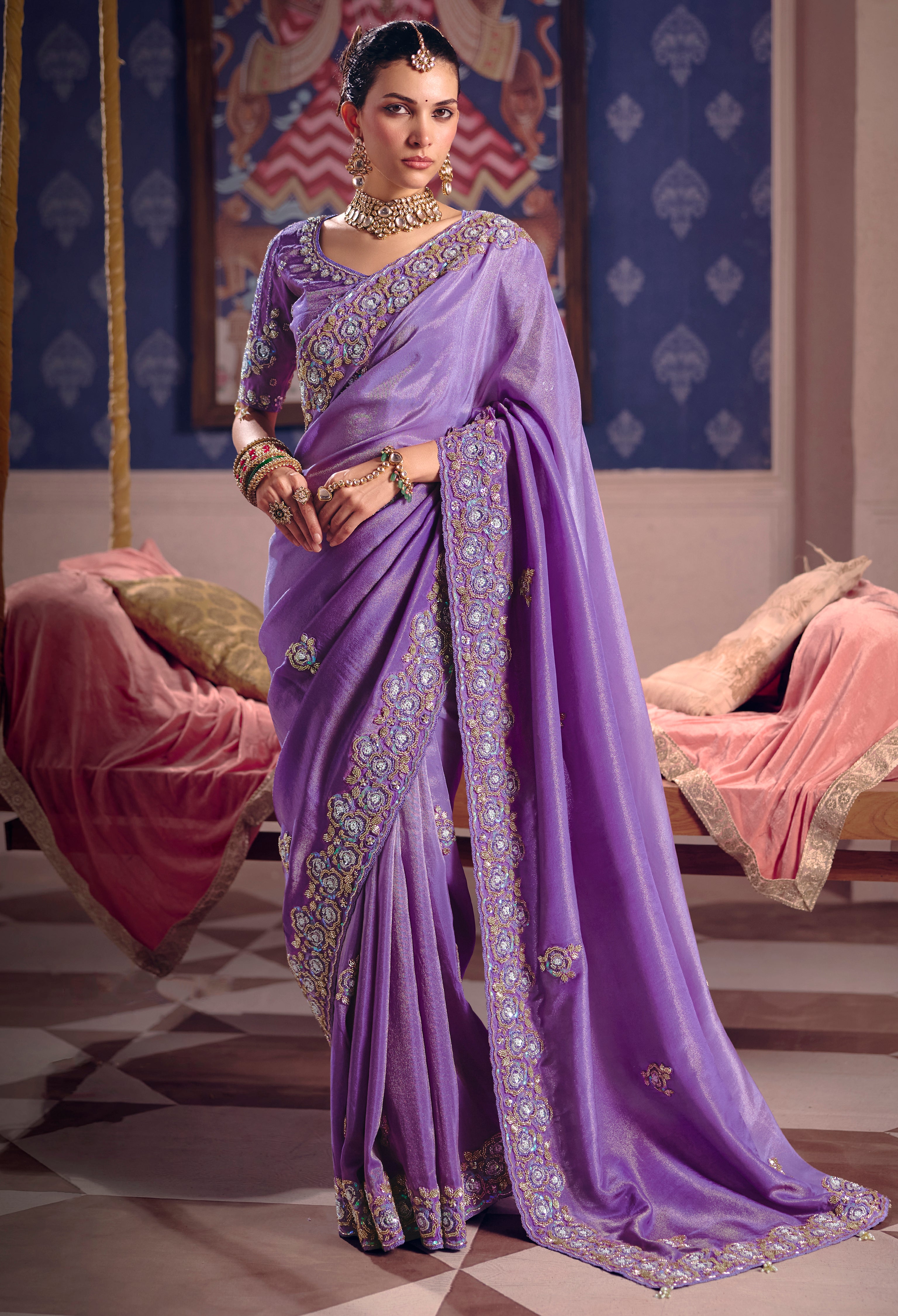 Lavender Saree With Heavy Embroidery, Beads With Sequince Work