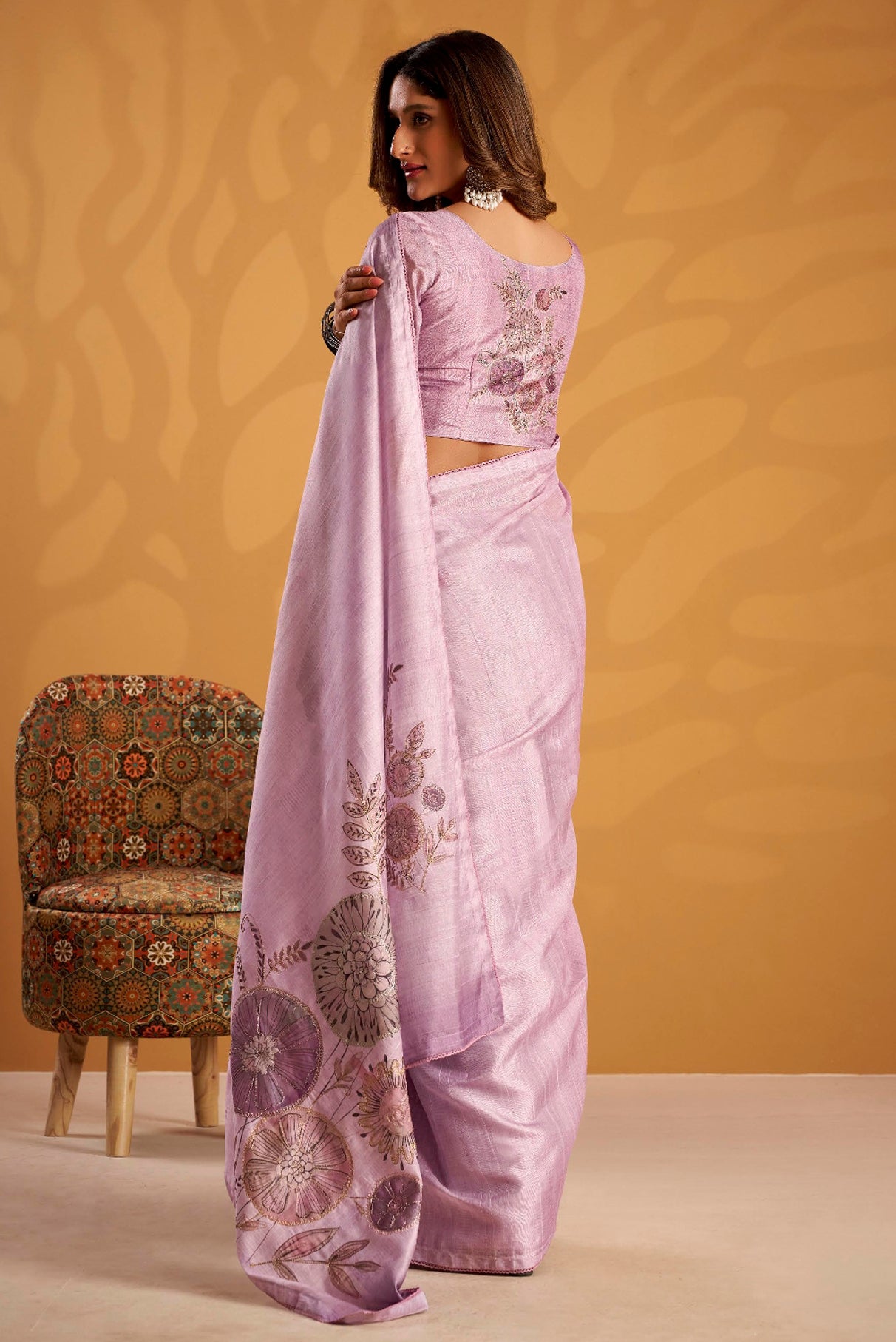 Lavender Saree With Printed With Kasheeda work