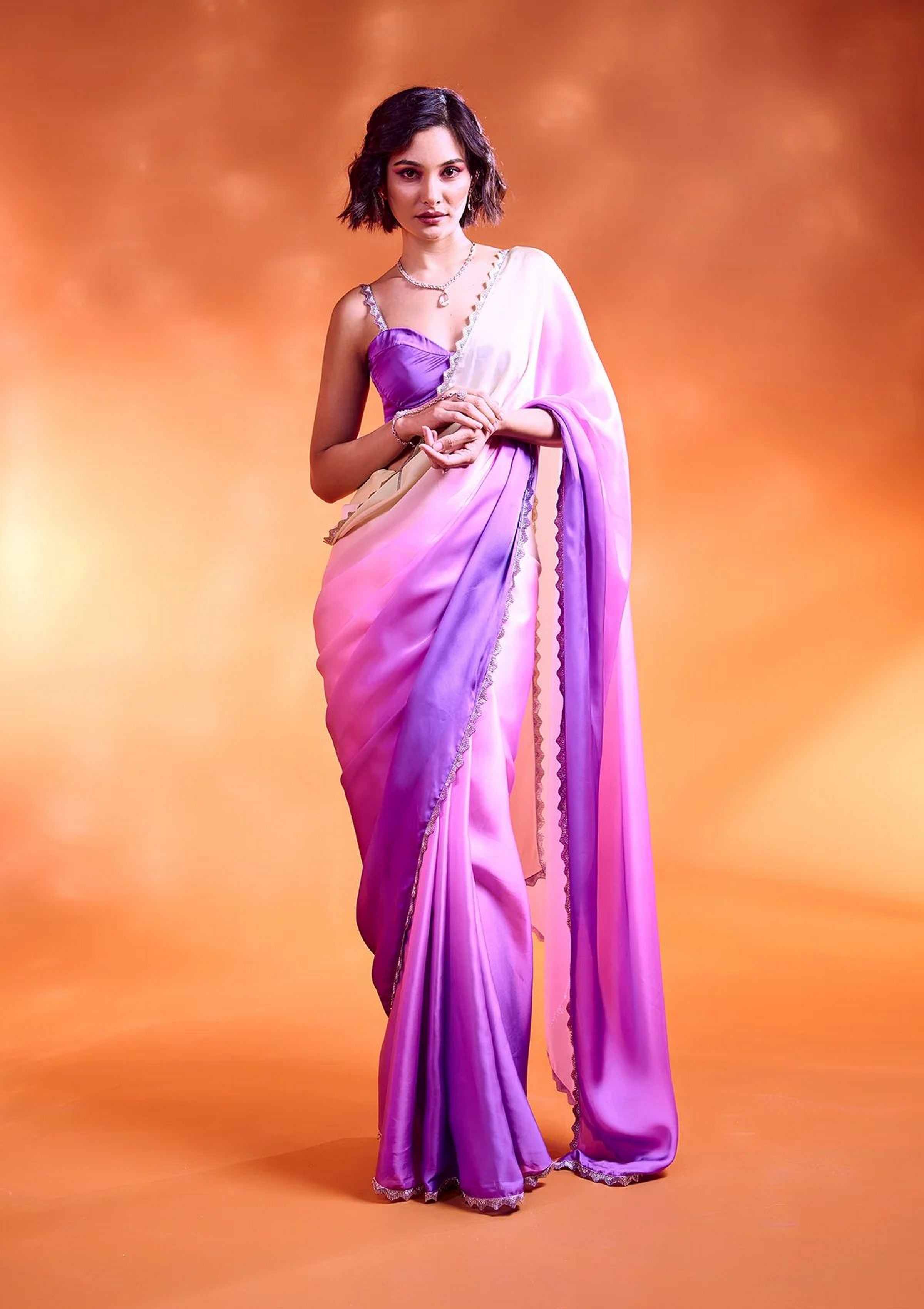 Lavender Satin Georgette Beautiful Bollywood Style Show Stopper Saree