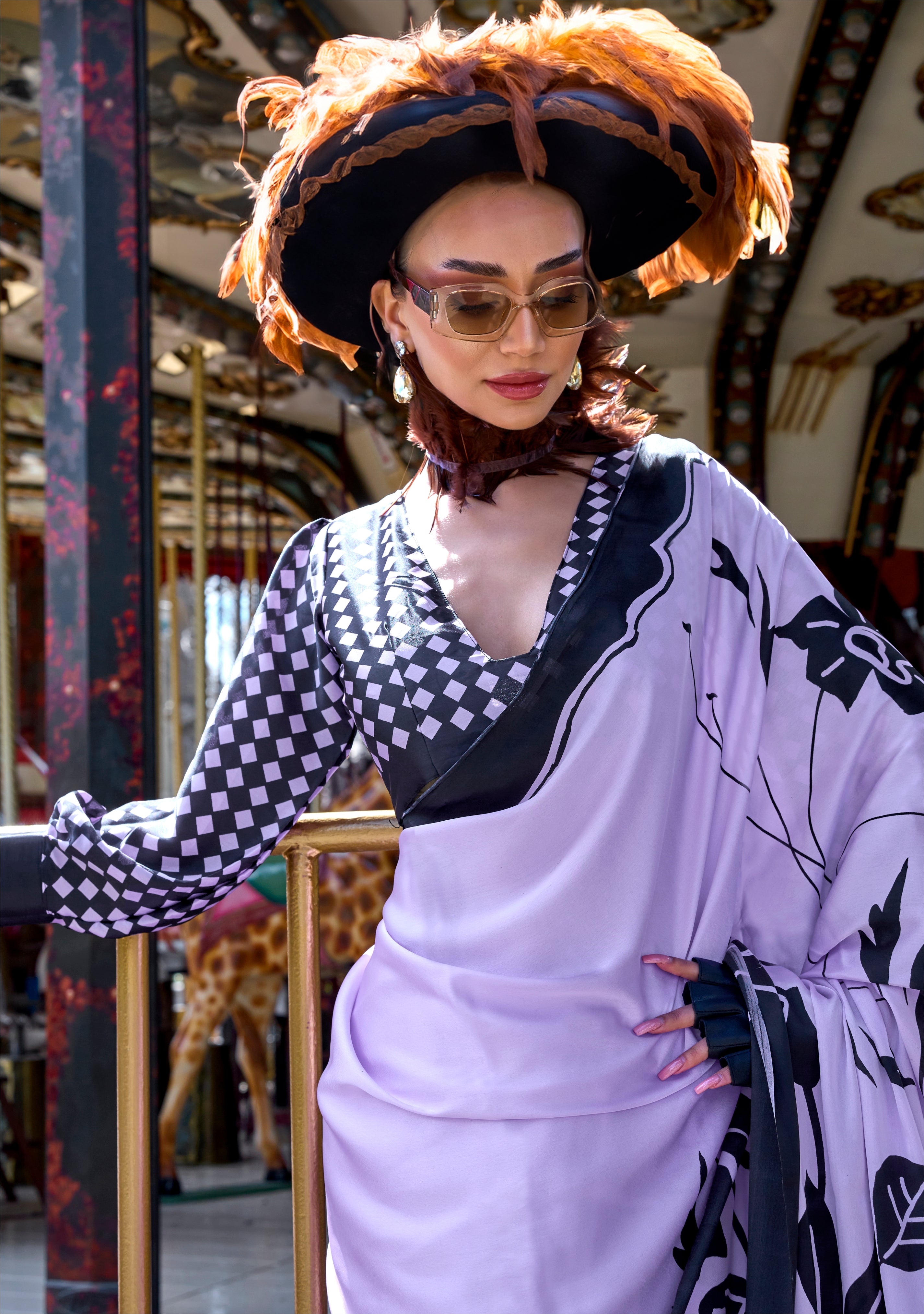 Lavender Satin Saree With Digital Print