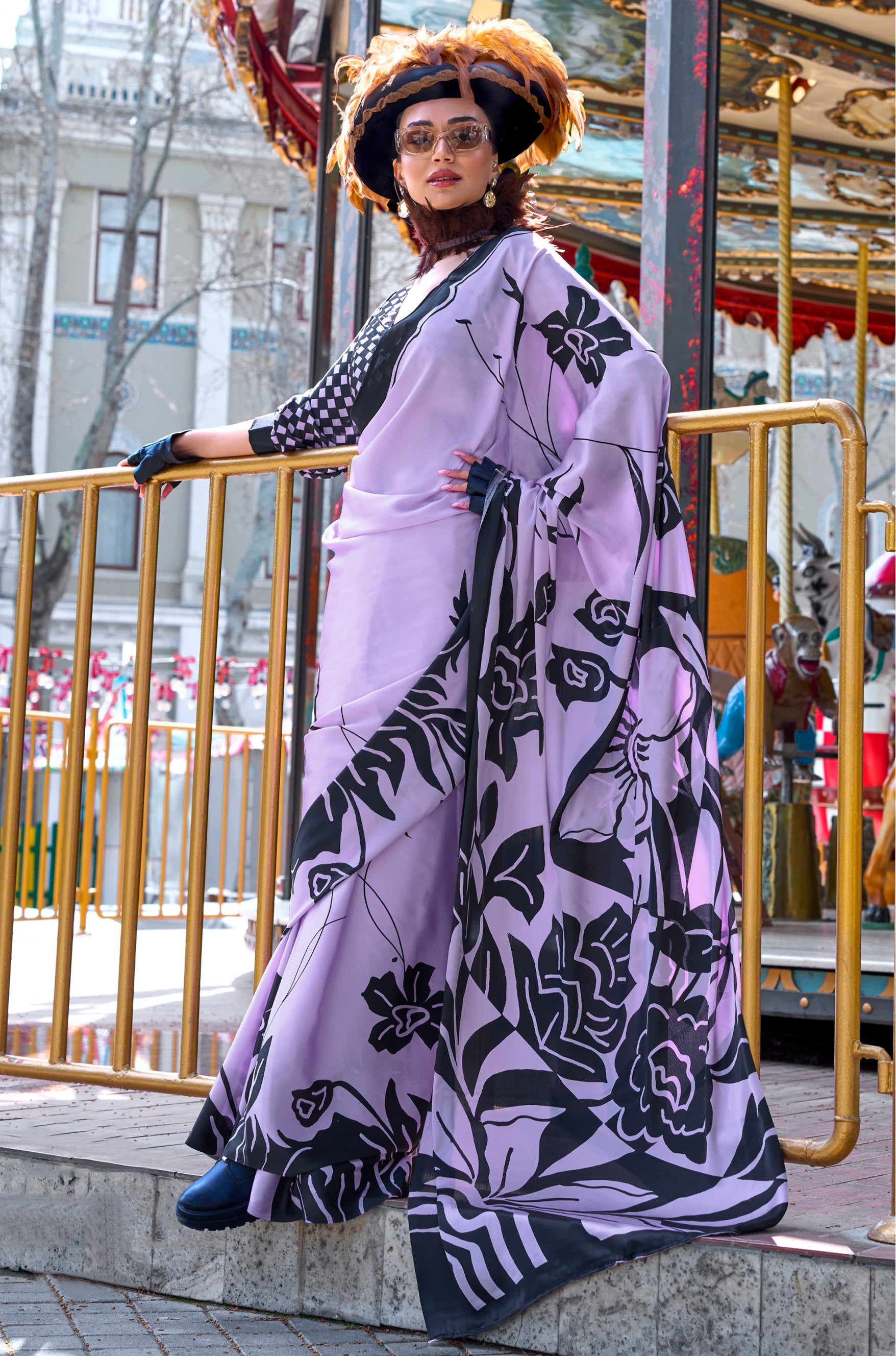 Lavender Satin Saree With Digital Print