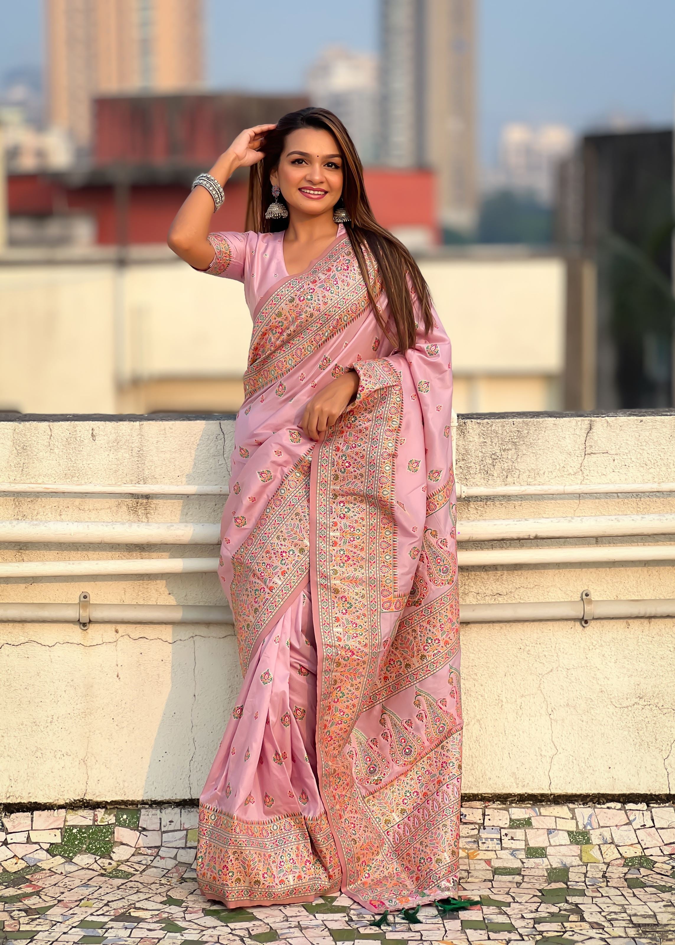 Lavender Silk Blend Saree With Meenakari Kashmiri woven Work