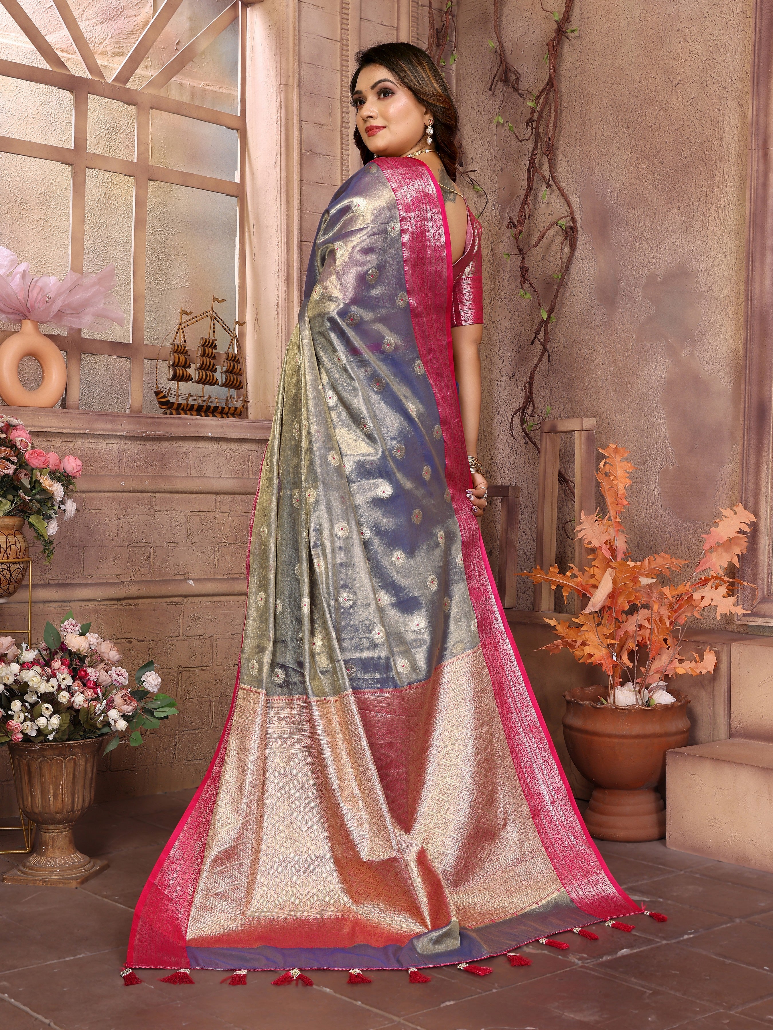 Lavender Tissue Silk Ethnic Saree With Woven Handloom Designer