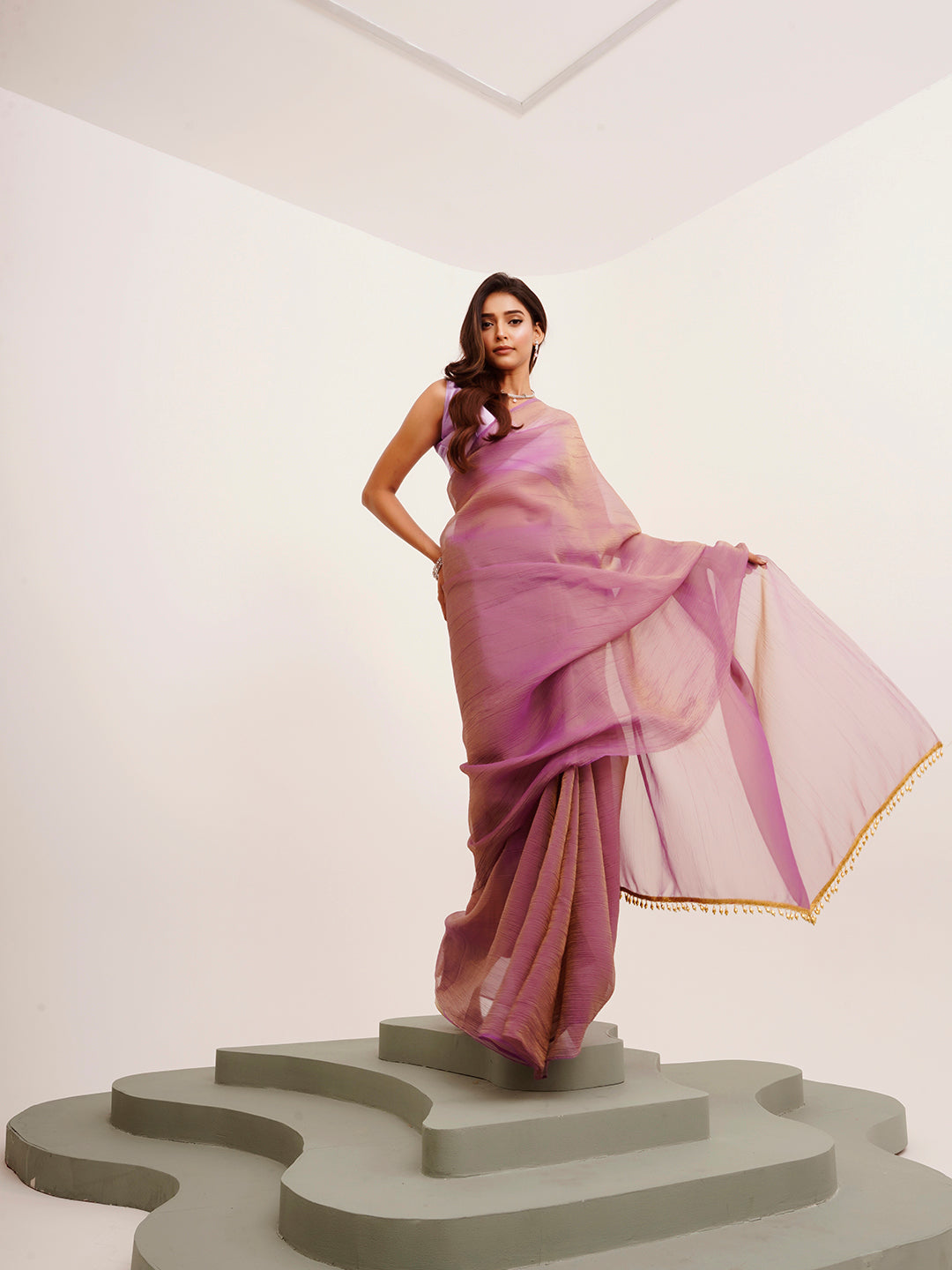 Lavender Tissue Solid Tissue With Tassels Fancy Saree