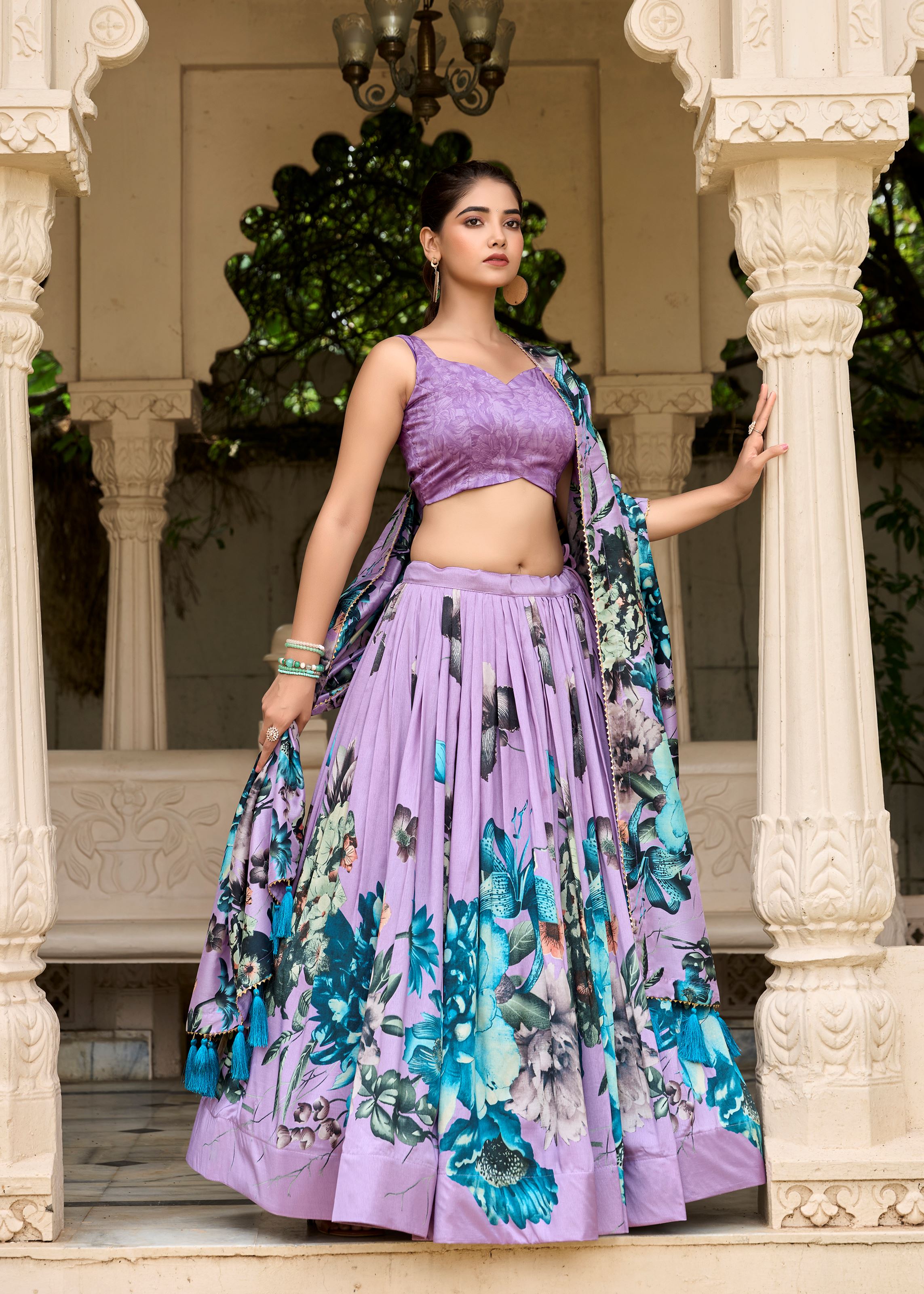 Lavender Tussar Silk Lehenga with Floral Print & Lace Grace