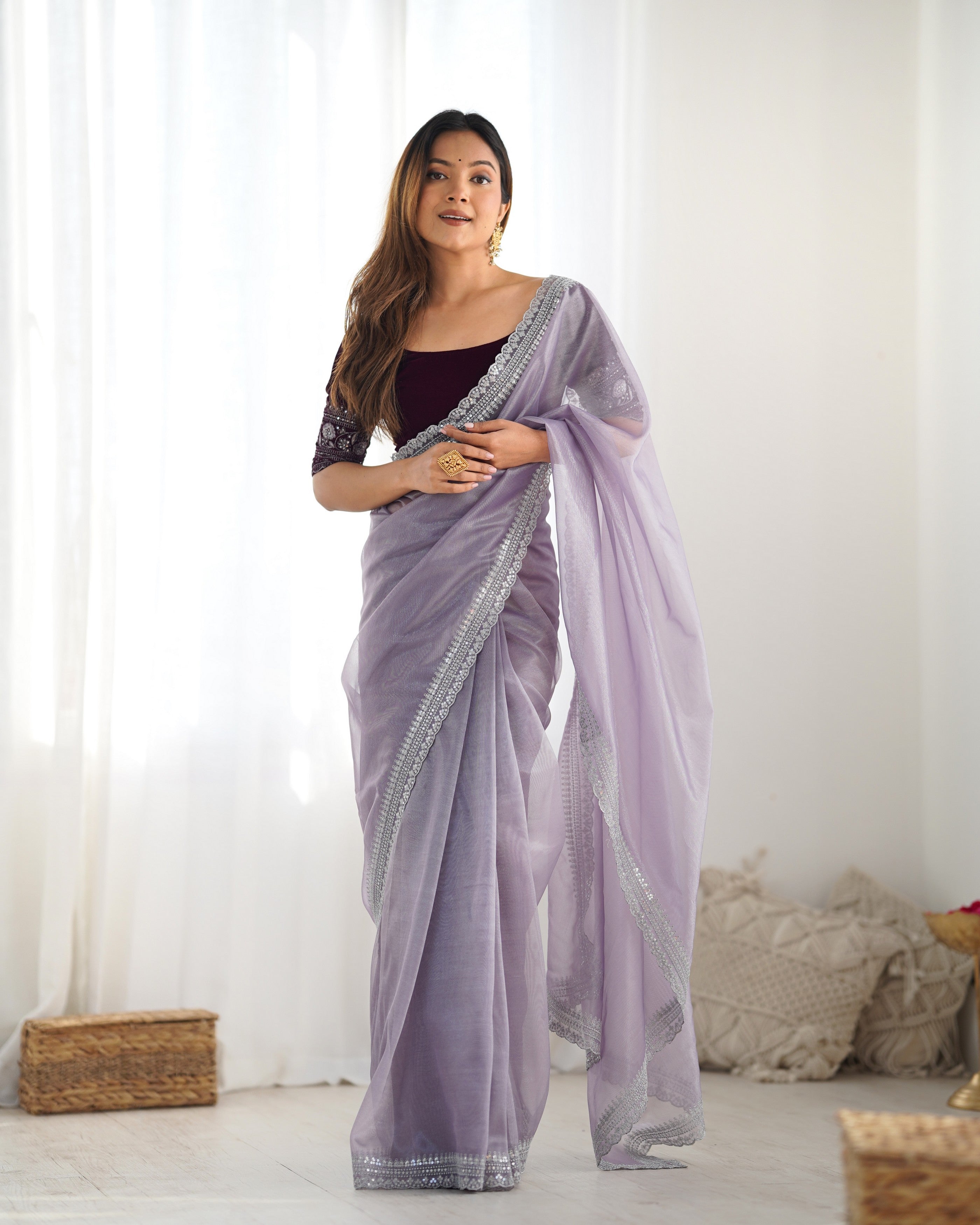 Lavender Twill Net Glamorous Bollywood Style Sequins Work Saree