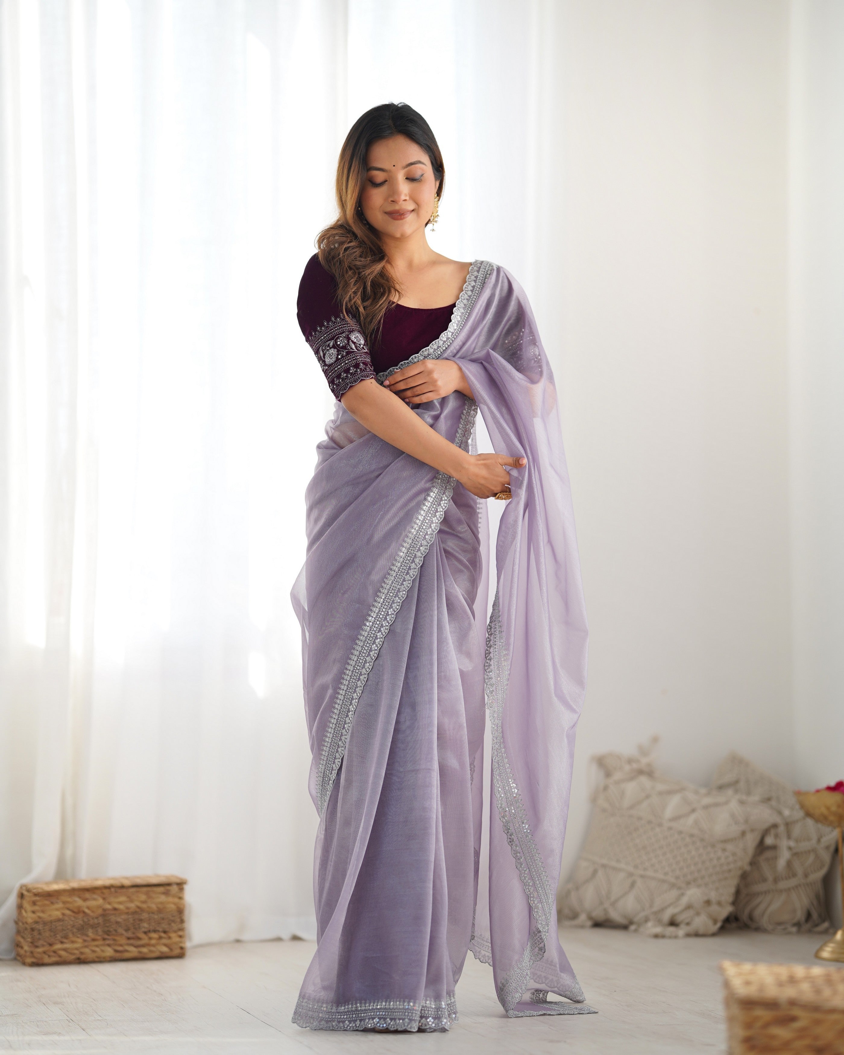 Lavender Twill Net Glamorous Bollywood Style Sequins Work Saree