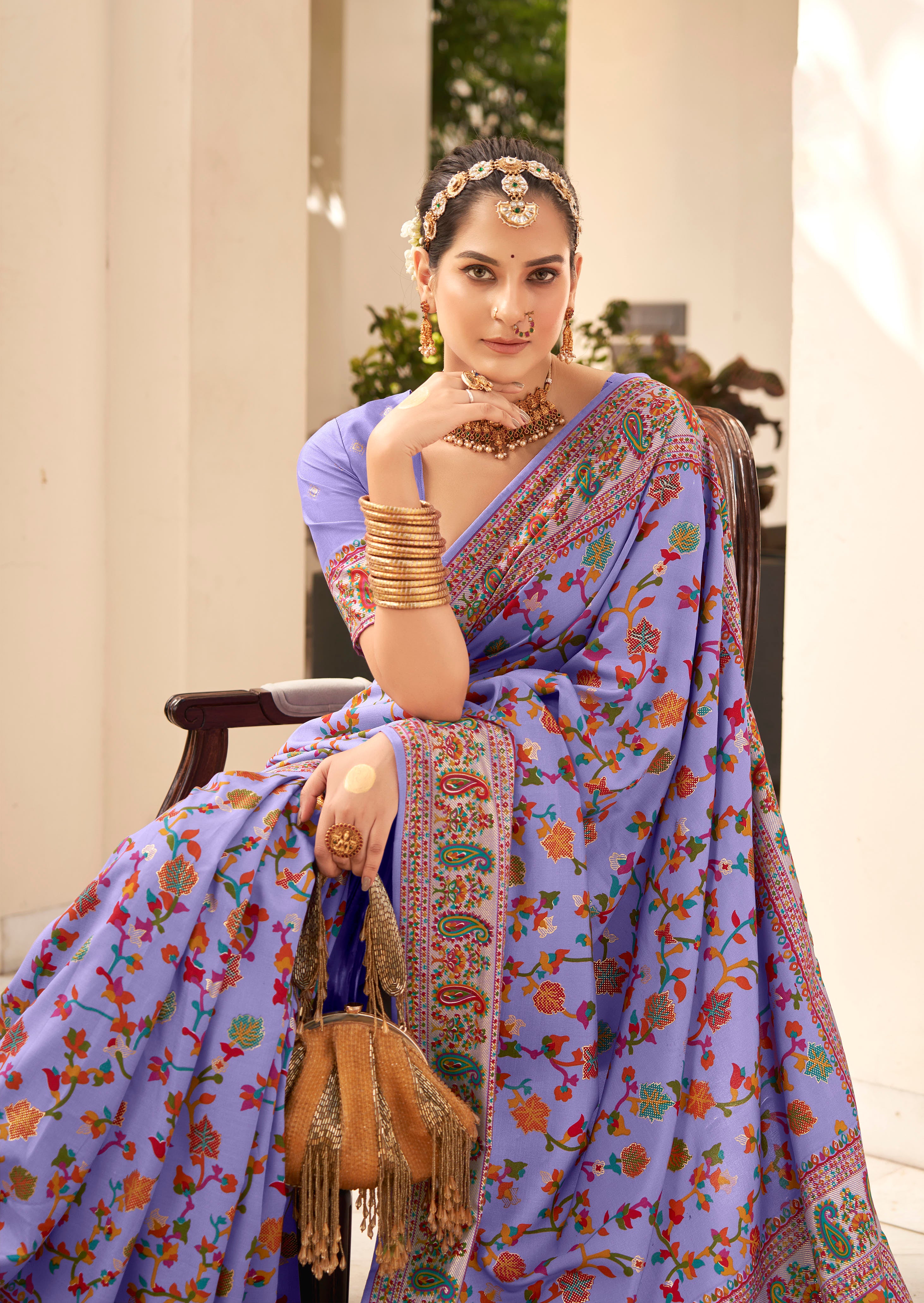 Lavender Velvet Tussar Silk Woven Designer With Floral Printed Ethnic Wedding Wear Saree
