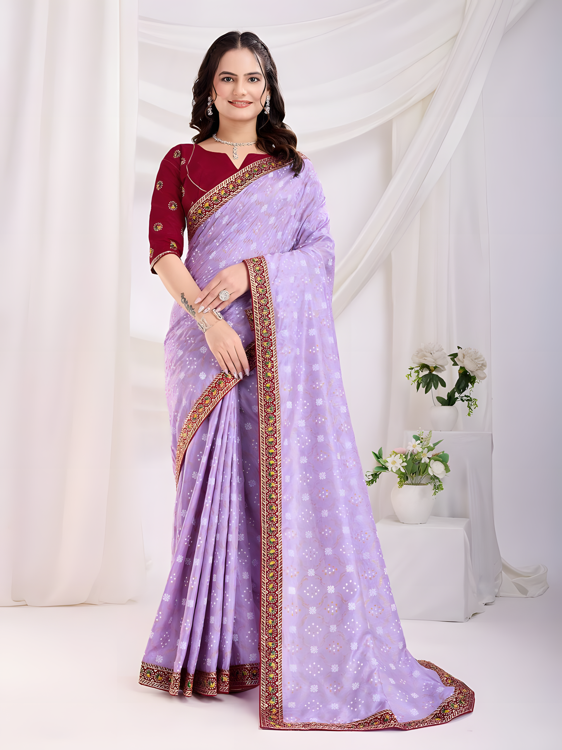 Lavender Vichitra silk Saree with Golden Foil bandhani print with embroidery work lace Work