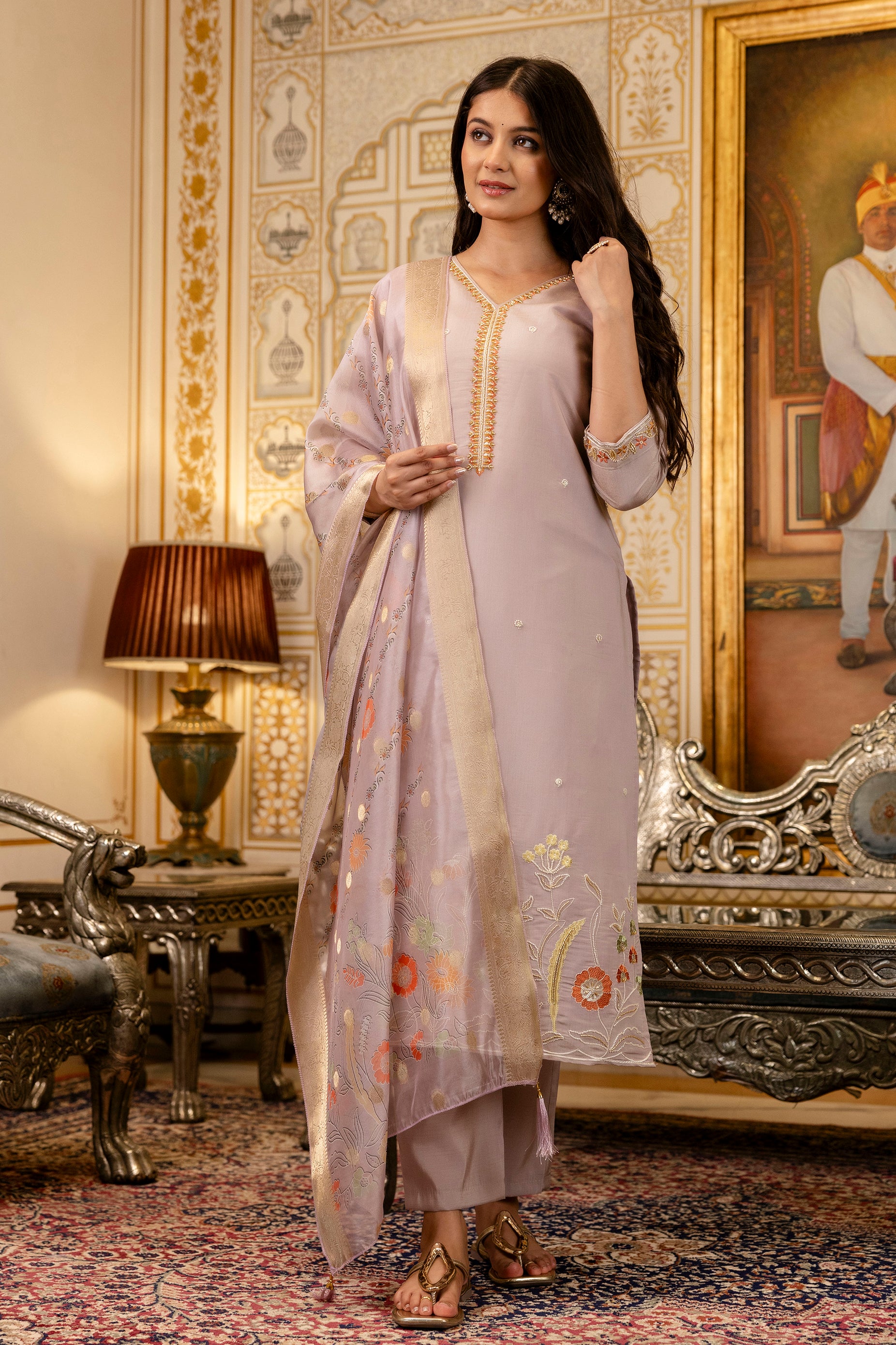 Lavender Viscose Simer Kurta Pant Set With Thread Embroidered With Beads Work With Printed Dupatta