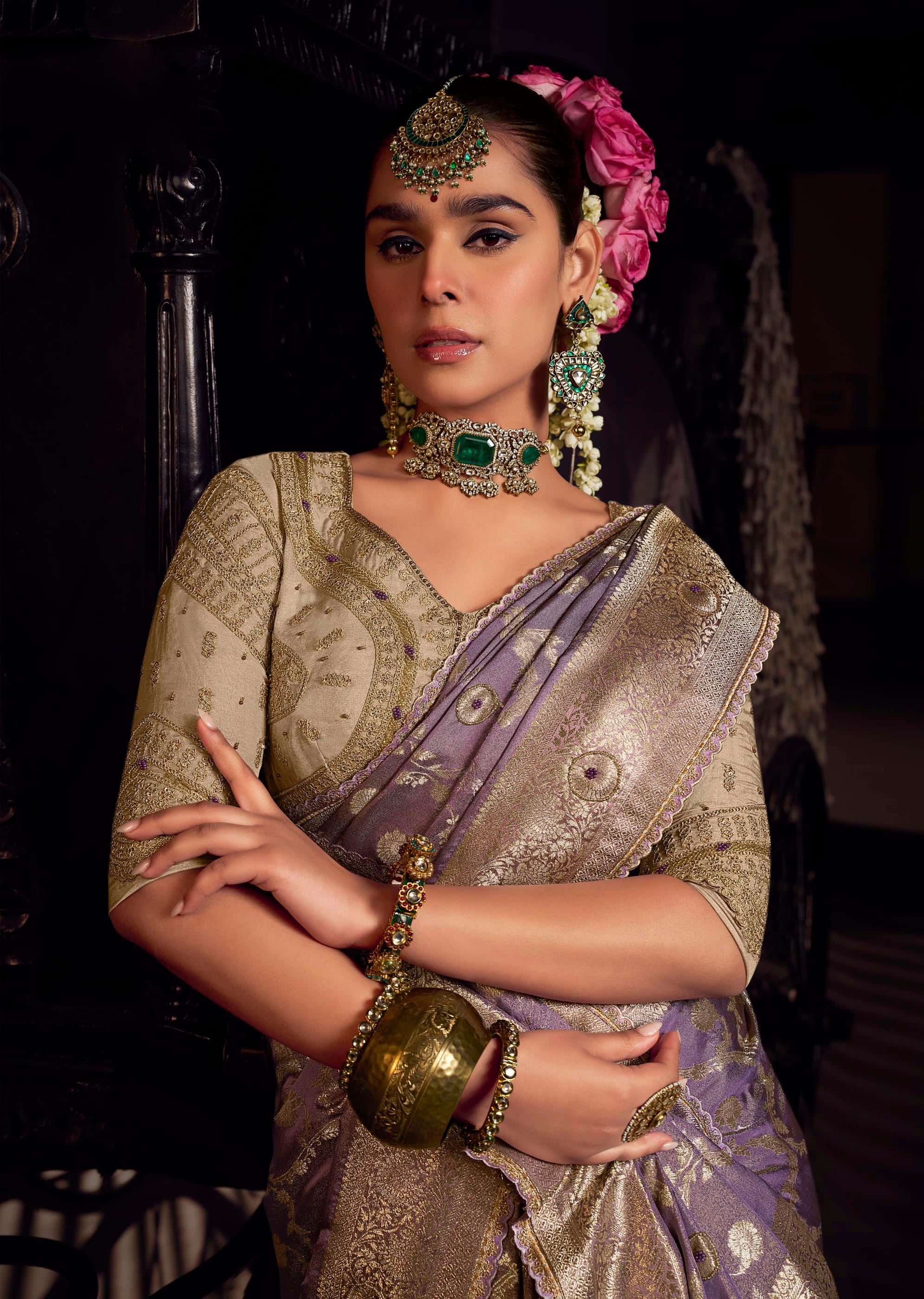 Lavender Viscose Tissue Saree with Hand Work and Embroidered Blouse