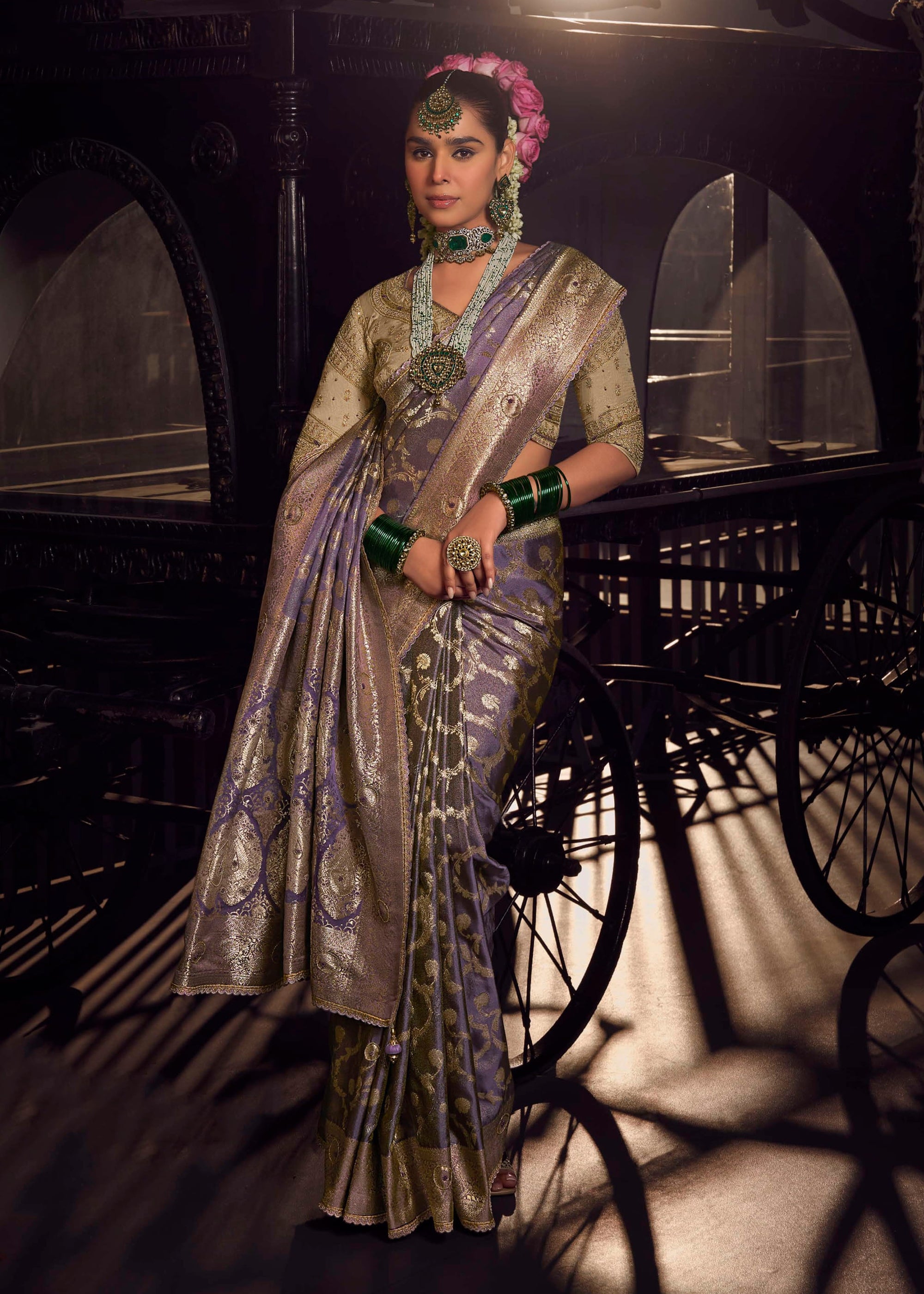 Lavender Viscose Tissue Saree with Hand Work and Embroidered Blouse