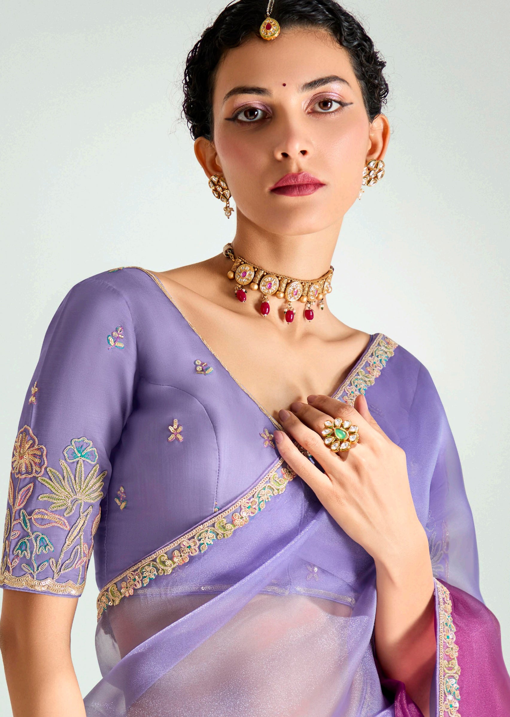 Lavender Wine Organza Saree with Embroidered Blouse