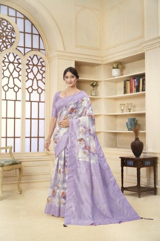 Lavender Woven Jacquard Designer With Printed Rich Silk Stylish Ceremonial Saree