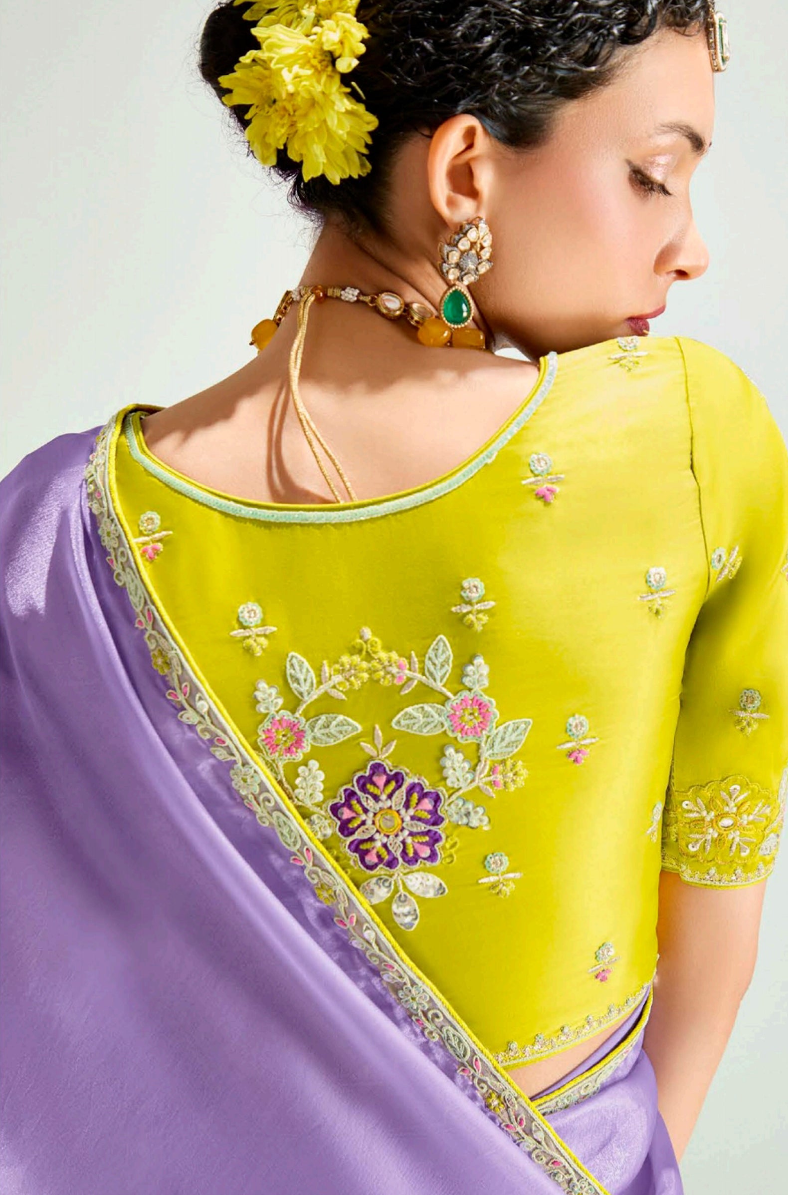 Lavender Yellow Organza Saree with Embroidered Blouse