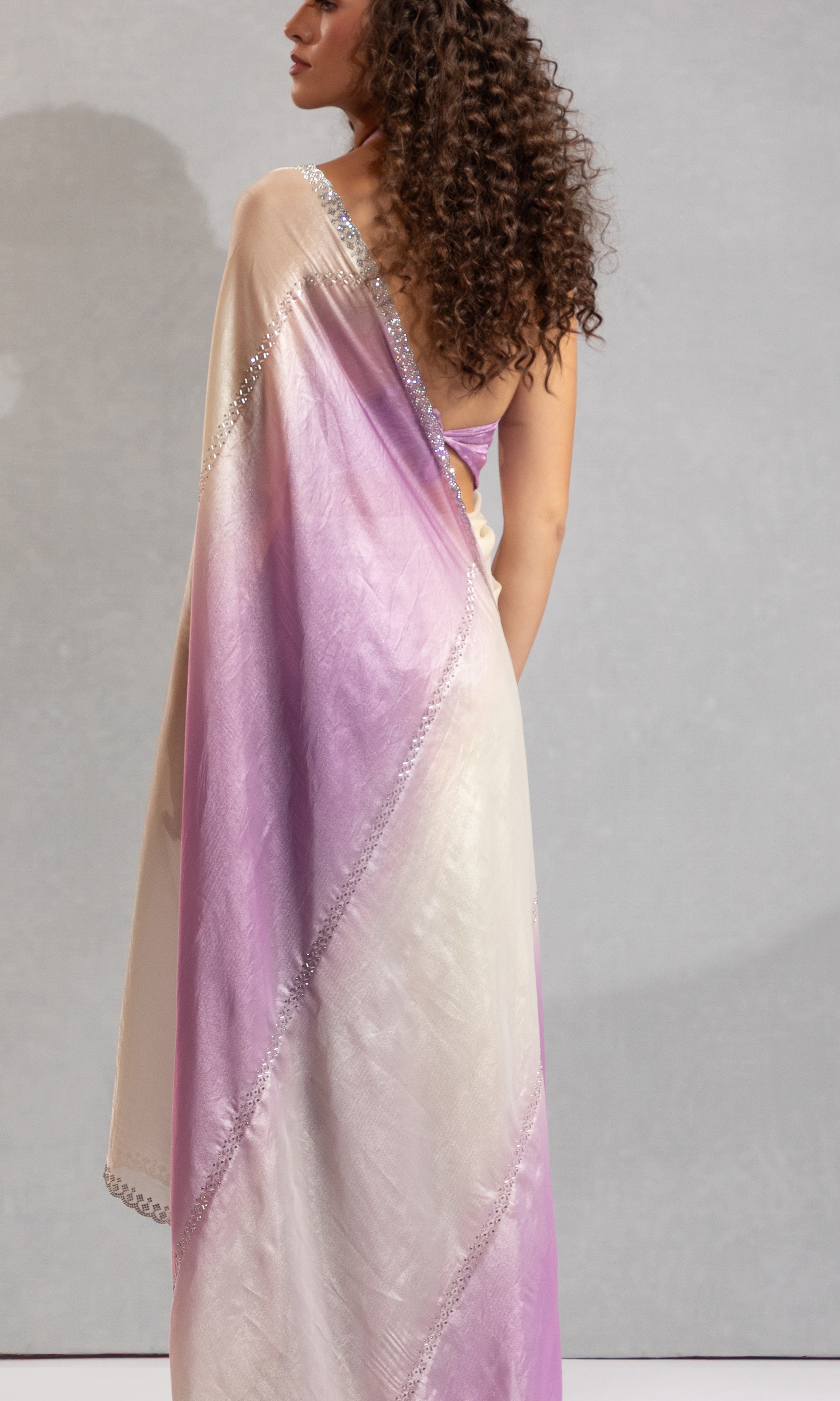 Lavender and Cream Satin Saree with Hand Work and Beaded Border