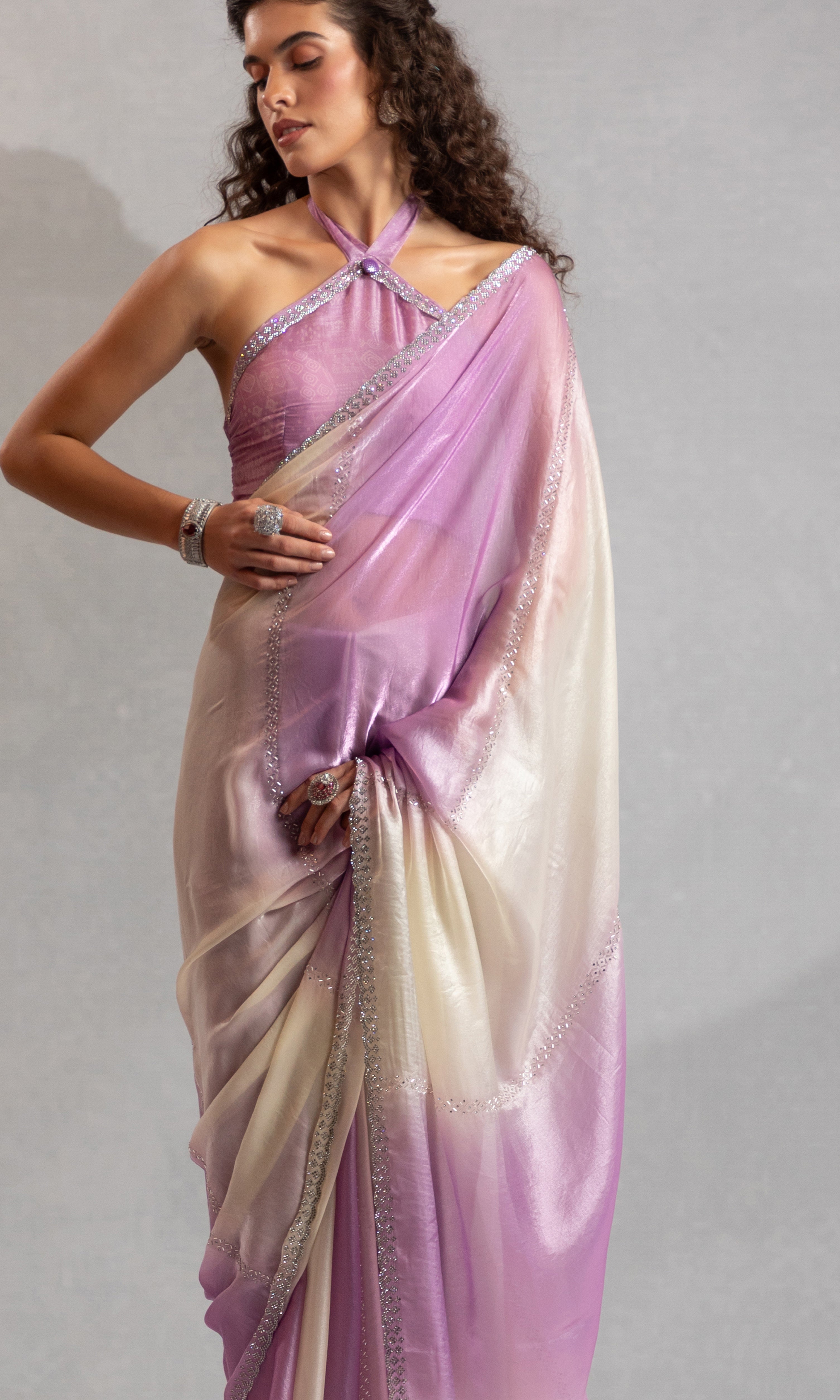 Lavender and Cream Satin Saree with Hand Work and Beaded Border