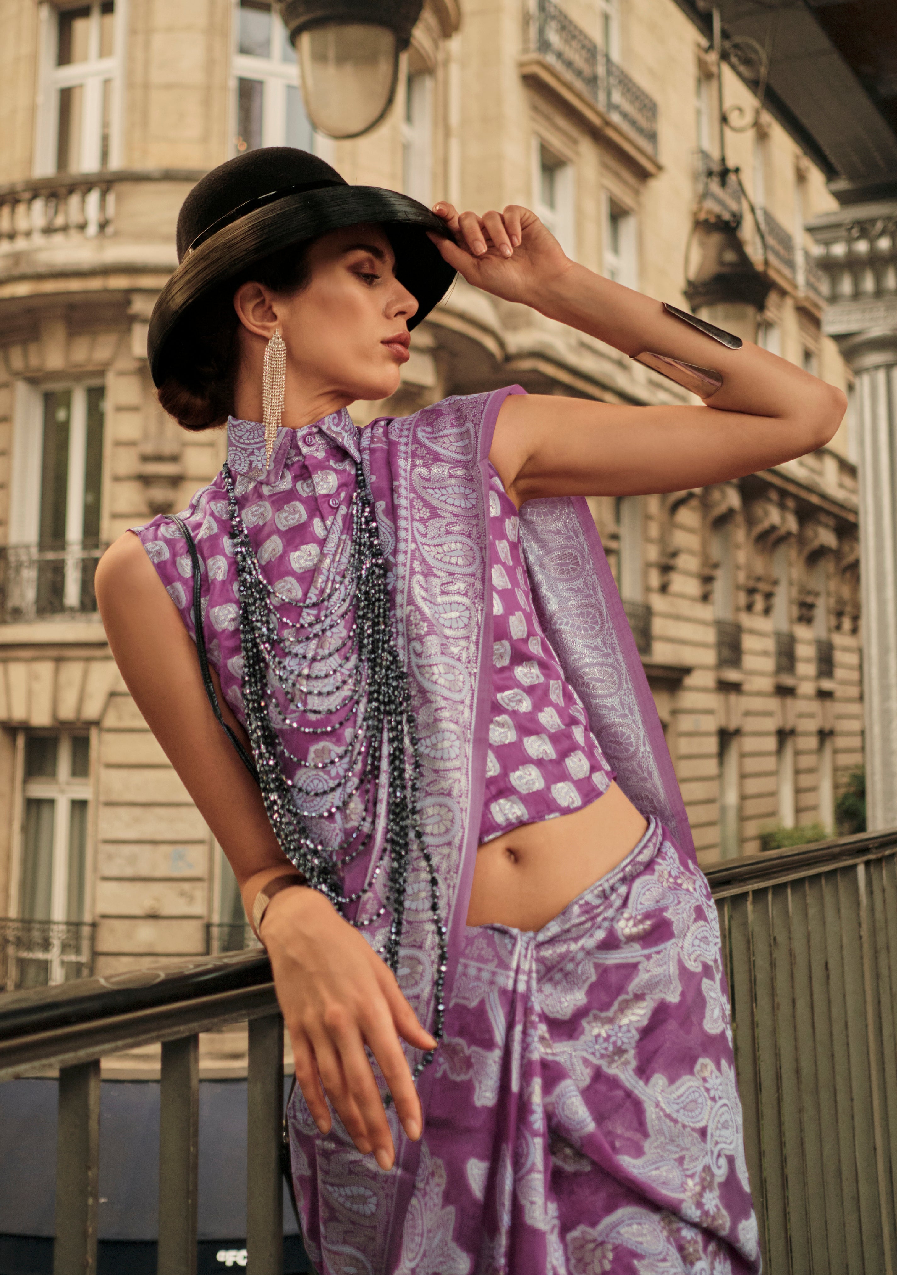 Lavendor Organza Saree With Jacquard Woven Chikankari Work