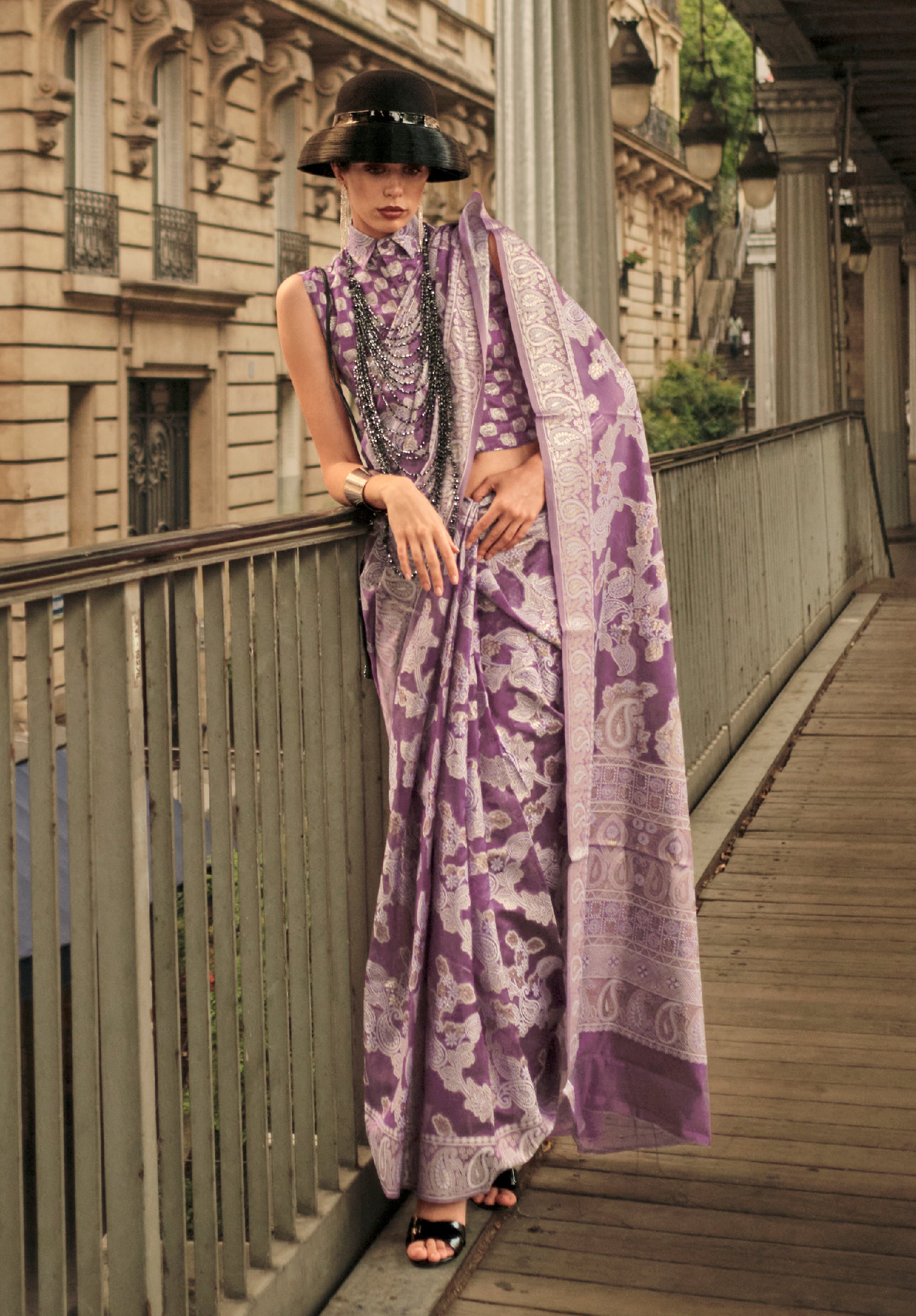 Lavendor Organza Saree With Jacquard Woven Chikankari Work