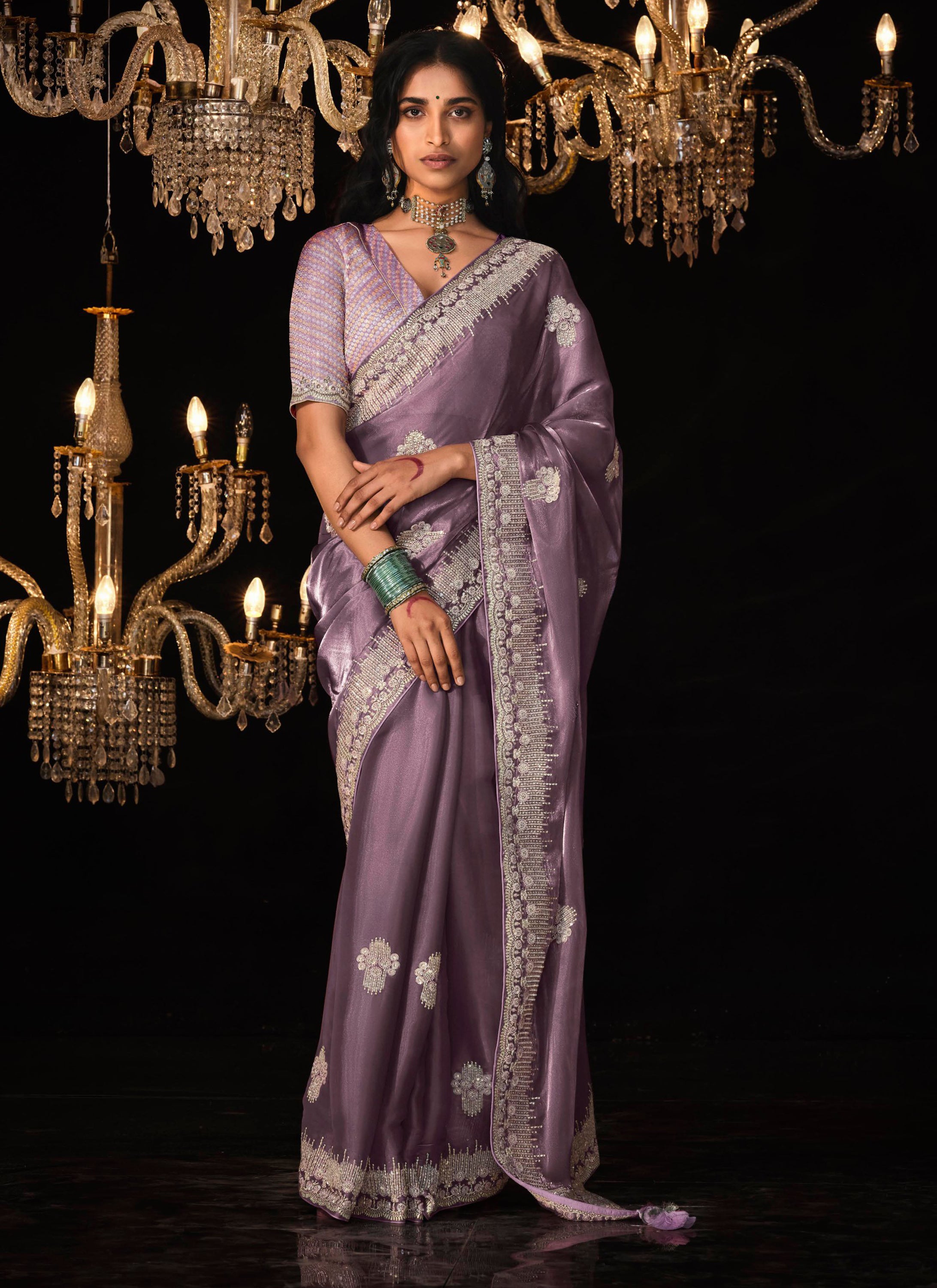 Lavendor Tissue Silk Saree With Heavy Thread and Zari Embroidered Work