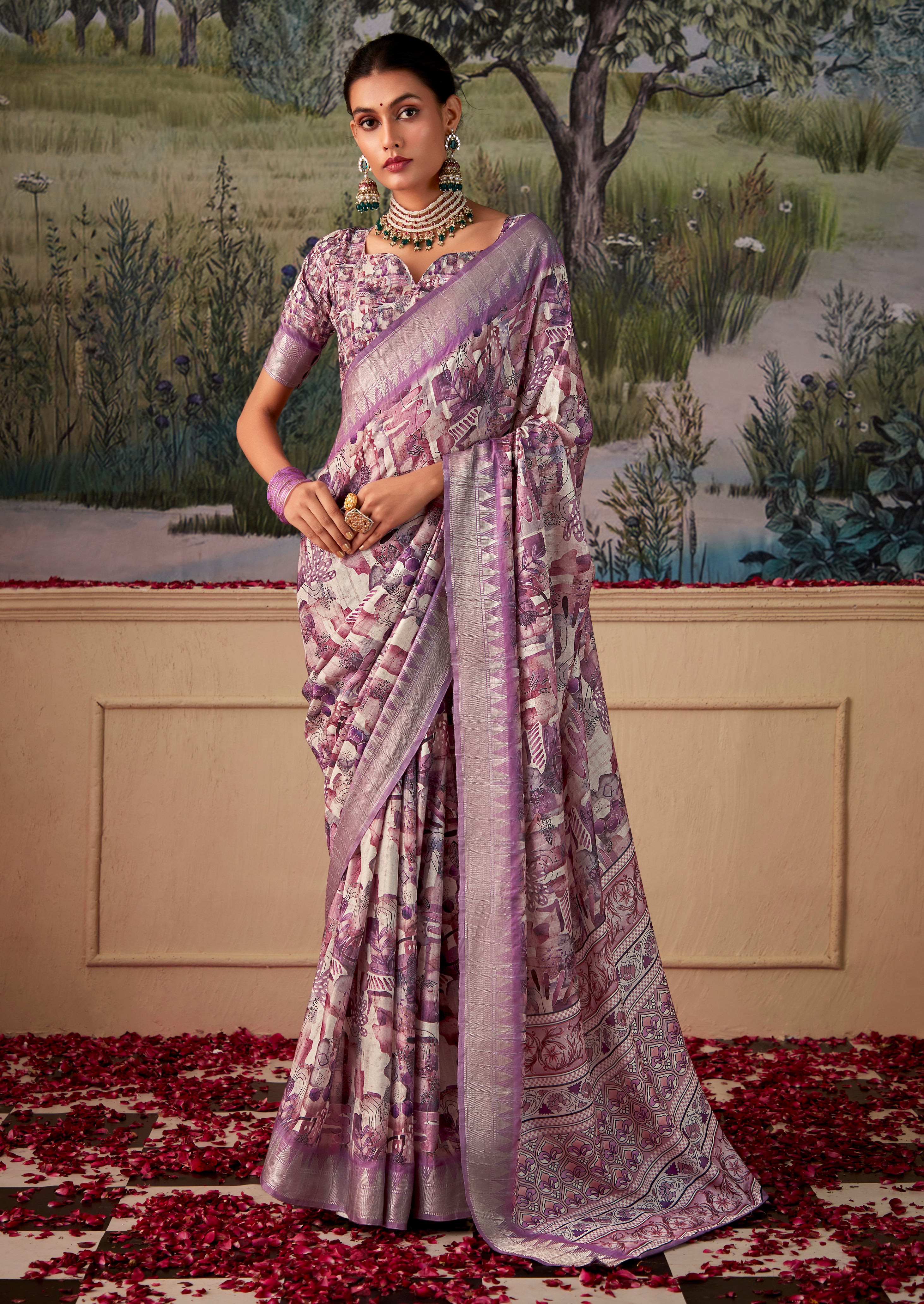 Lavendor Tusser Silk Saree With Jacquard Woven with Digital Print