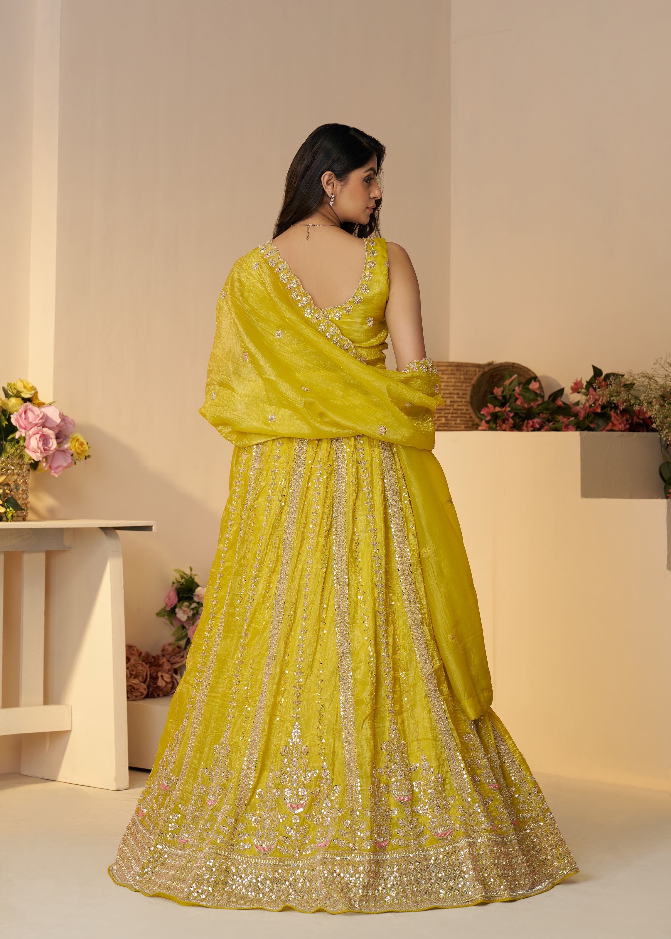 Lehenga For Haldi- Indian Lehenga With Seqins And Cut Dana Work