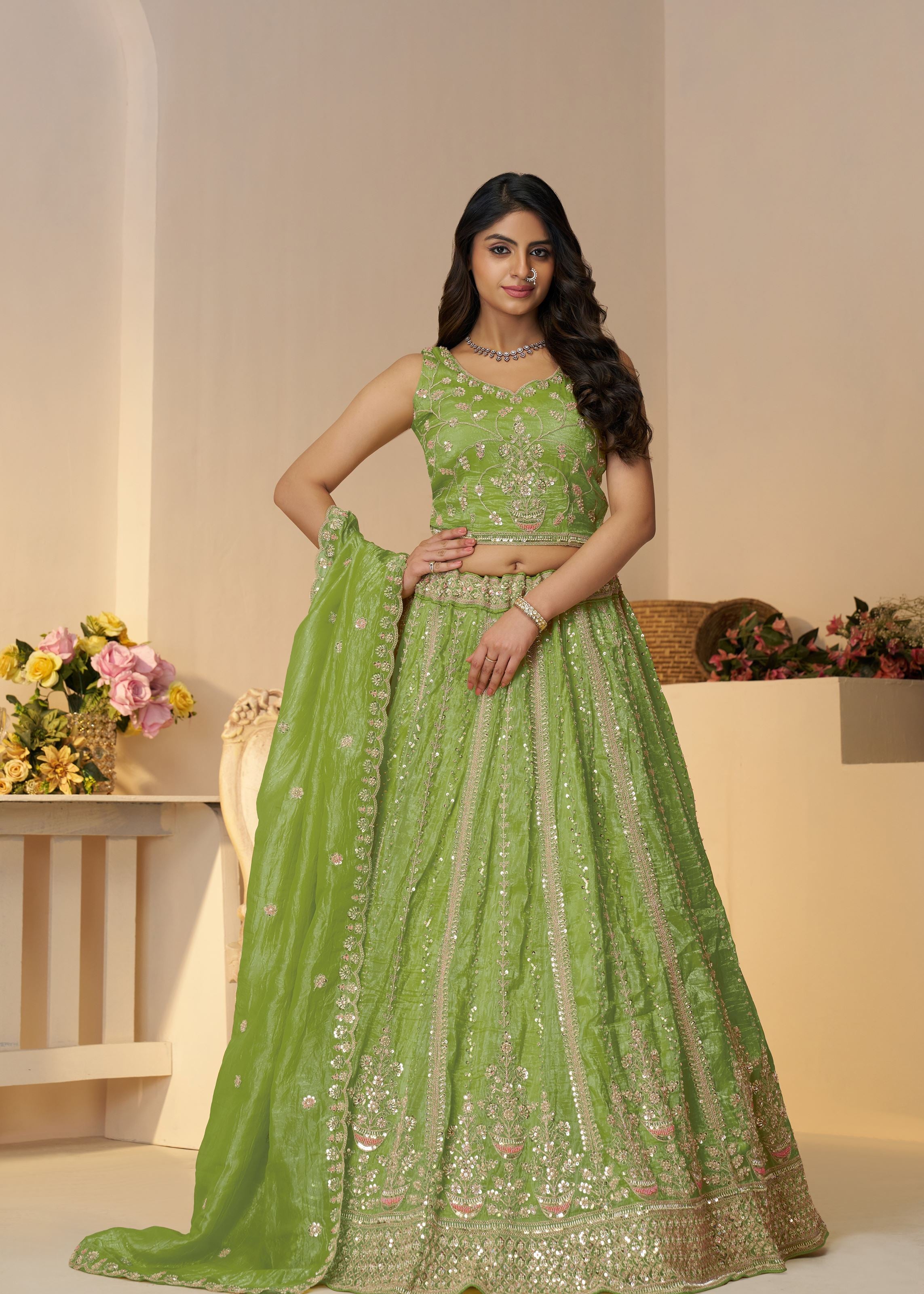 Lehenga For Mehendi Function- Indian Lehenga With Seqins And Cut Dana Work For Brides