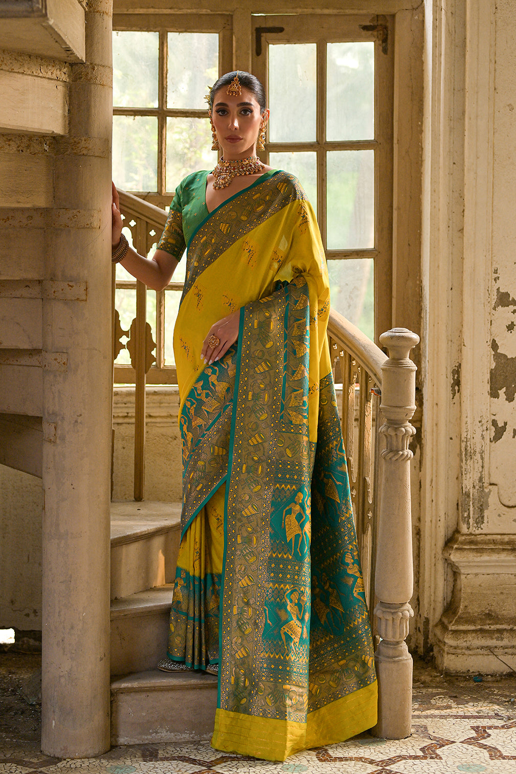 Lemon-Yellow Banarasi Silk Saree with Kalamkari Zari Design