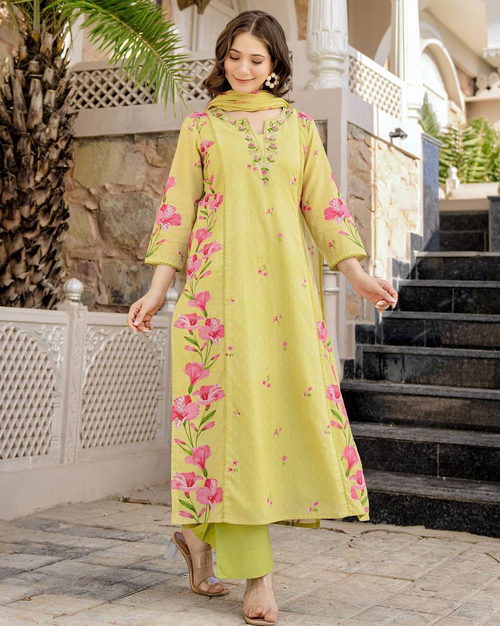 Lemon Chanderi Butti Kurta Pant Set Printed
