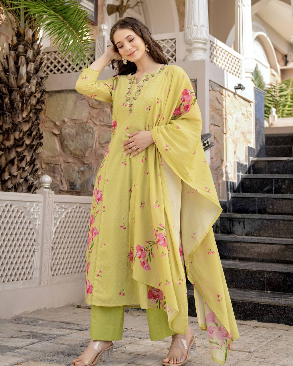 Lemon Chanderi Butti Kurta Pant Set Printed
