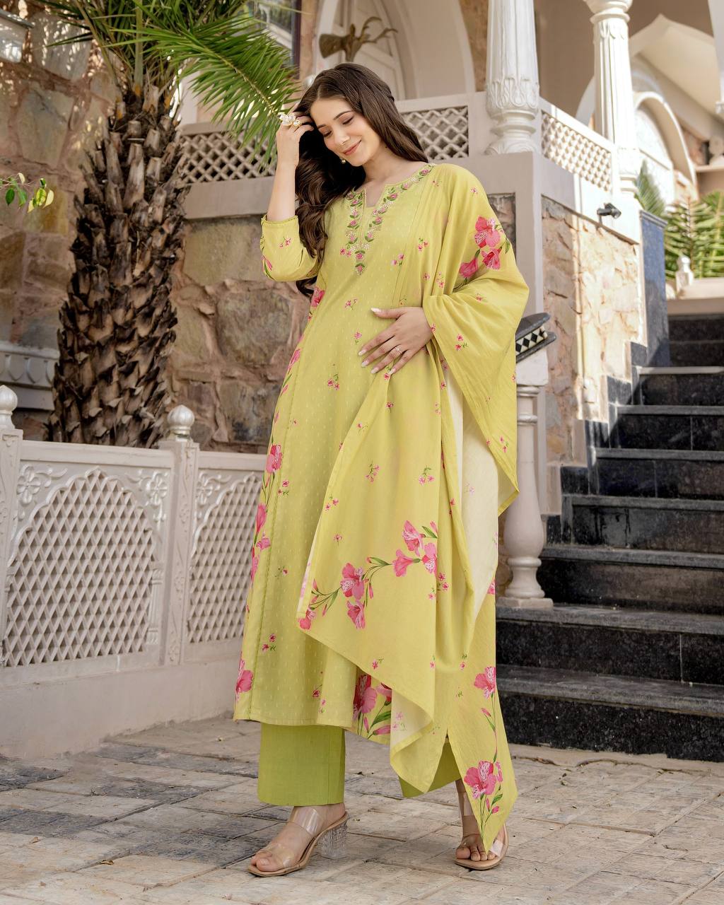 Lemon Chanderi Butti Kurta Pant Set Printed