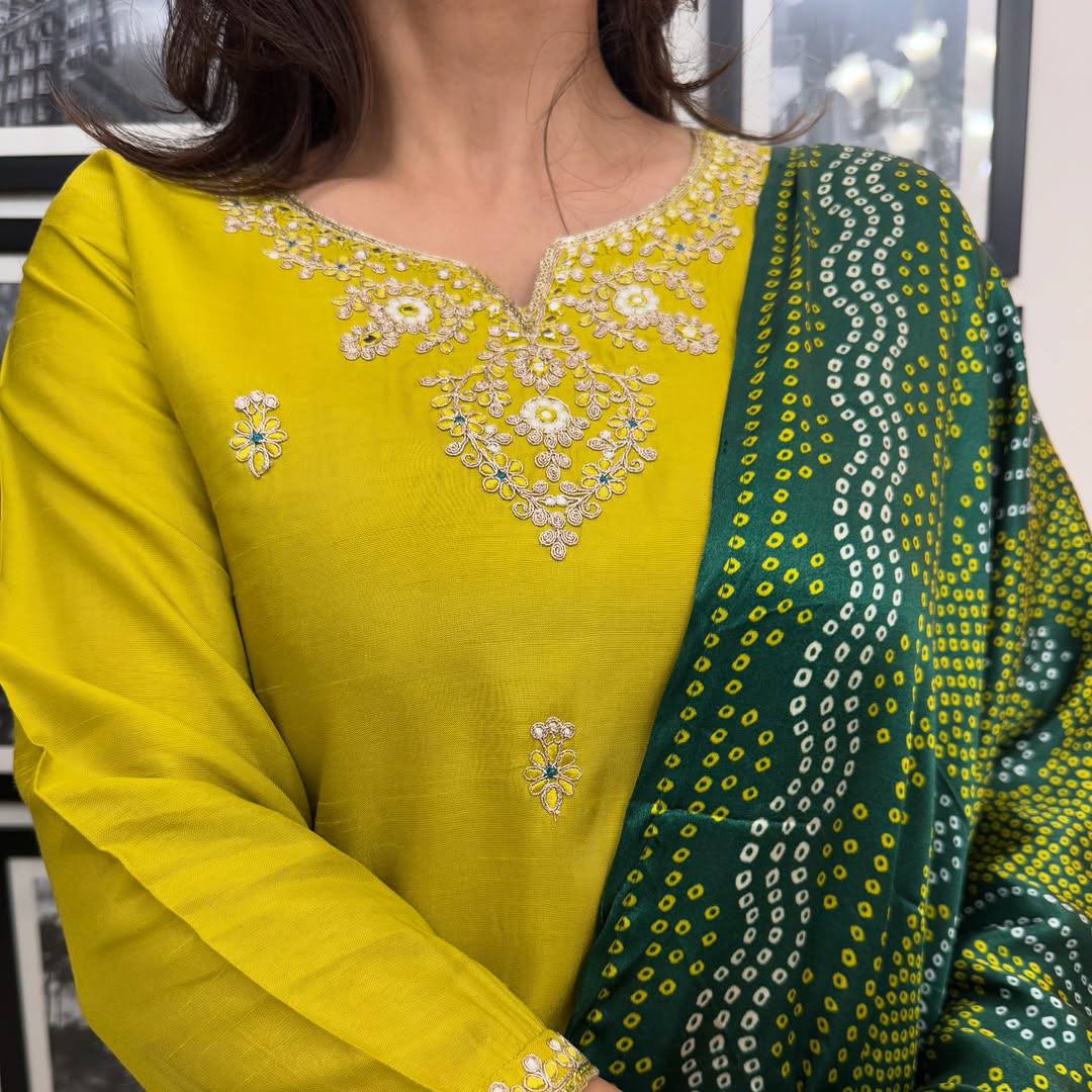 Lemon Chanderi Silk Kurta Pant Set With Heavy Thread Embroidery Work With Printed Dupatta