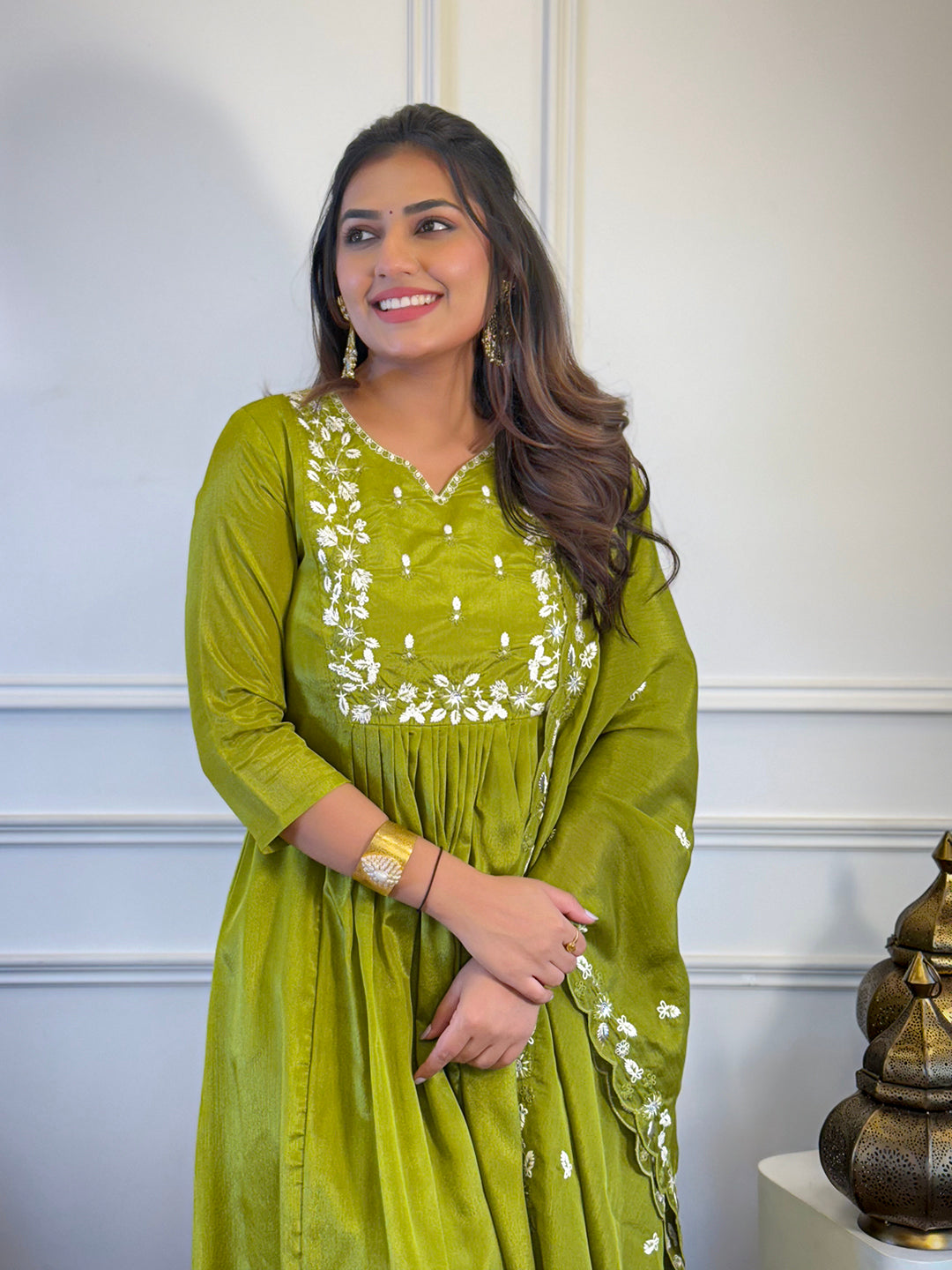 Lemon Chinon Elegant Kurta Pant Set With Embroidery Work