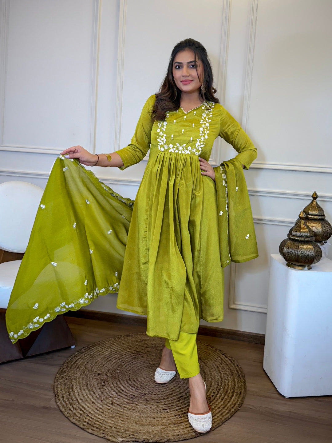 Lemon Chinon Elegant Kurta Pant Set With Embroidery Work