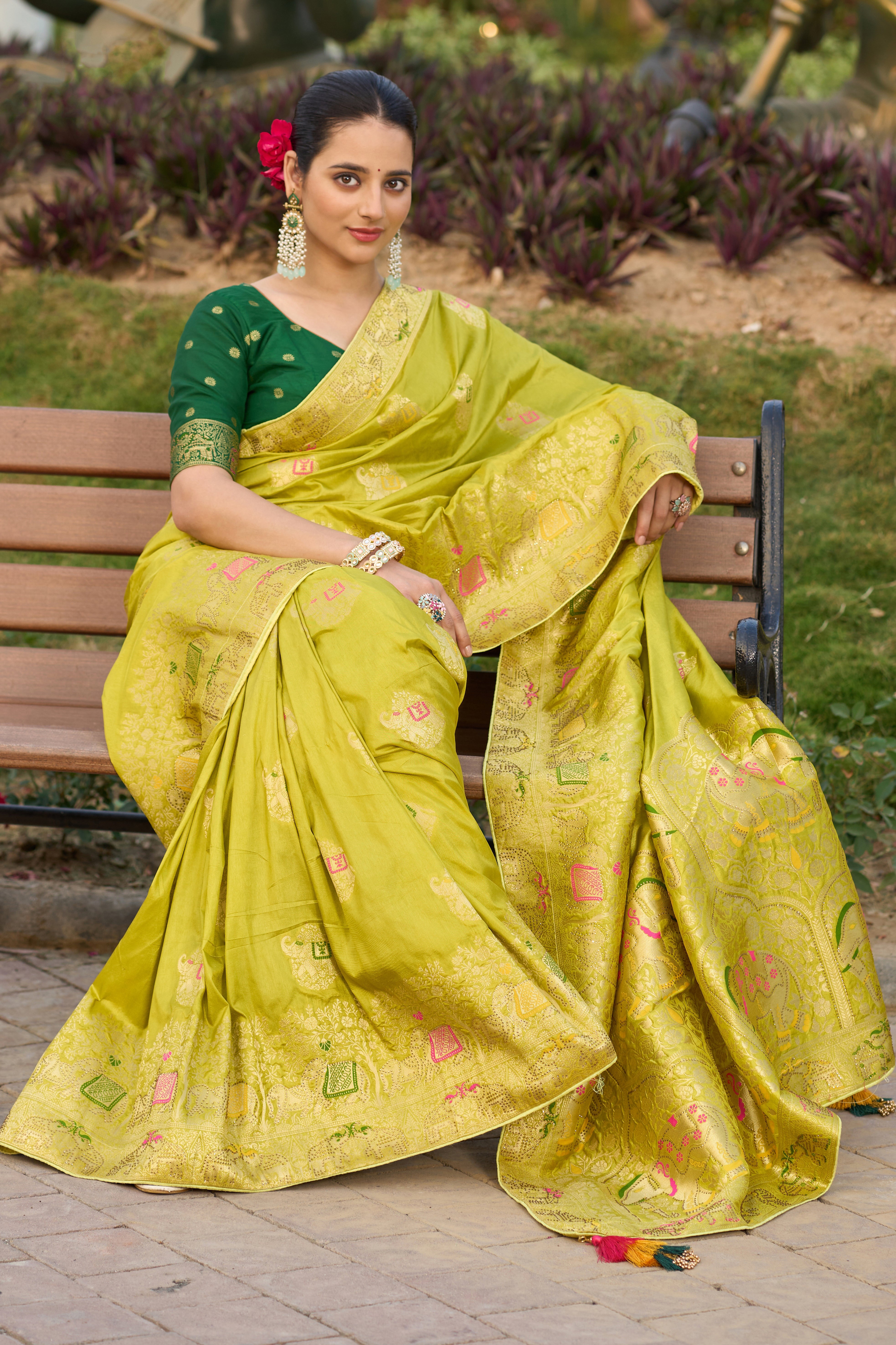 Lemon Color Pure Dola Silk Saree With Jacquard Woven Work