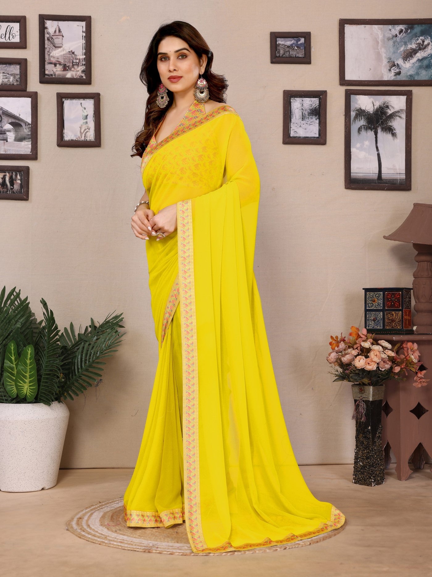 Lemon Georgette Saree With Plain Design And Digital Print Blouse
