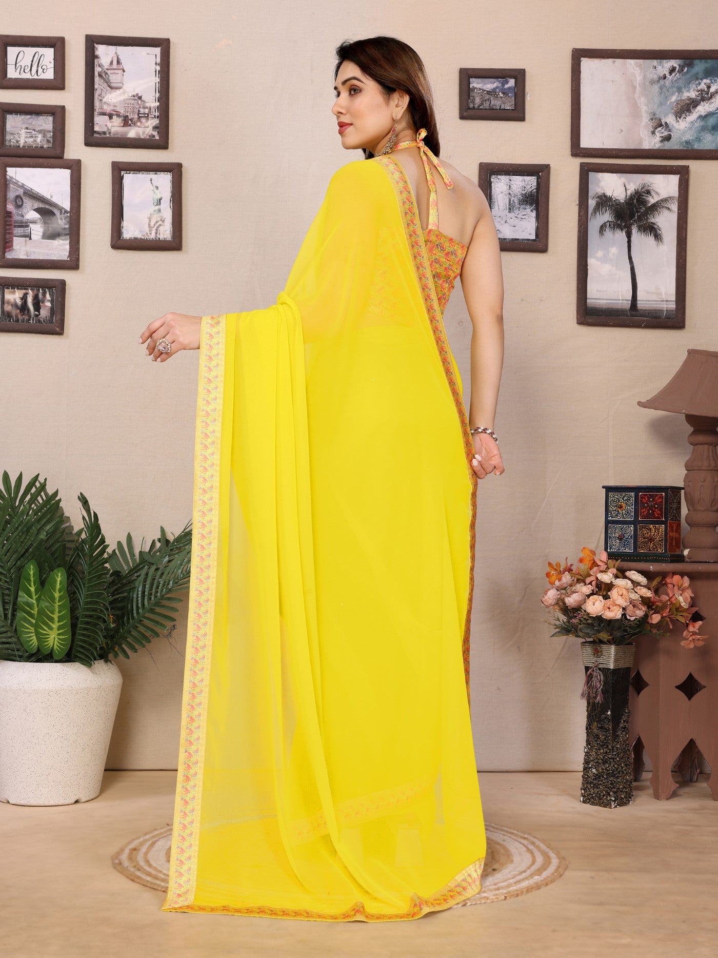 Lemon Georgette Saree With Plain Design And Digital Print Blouse
